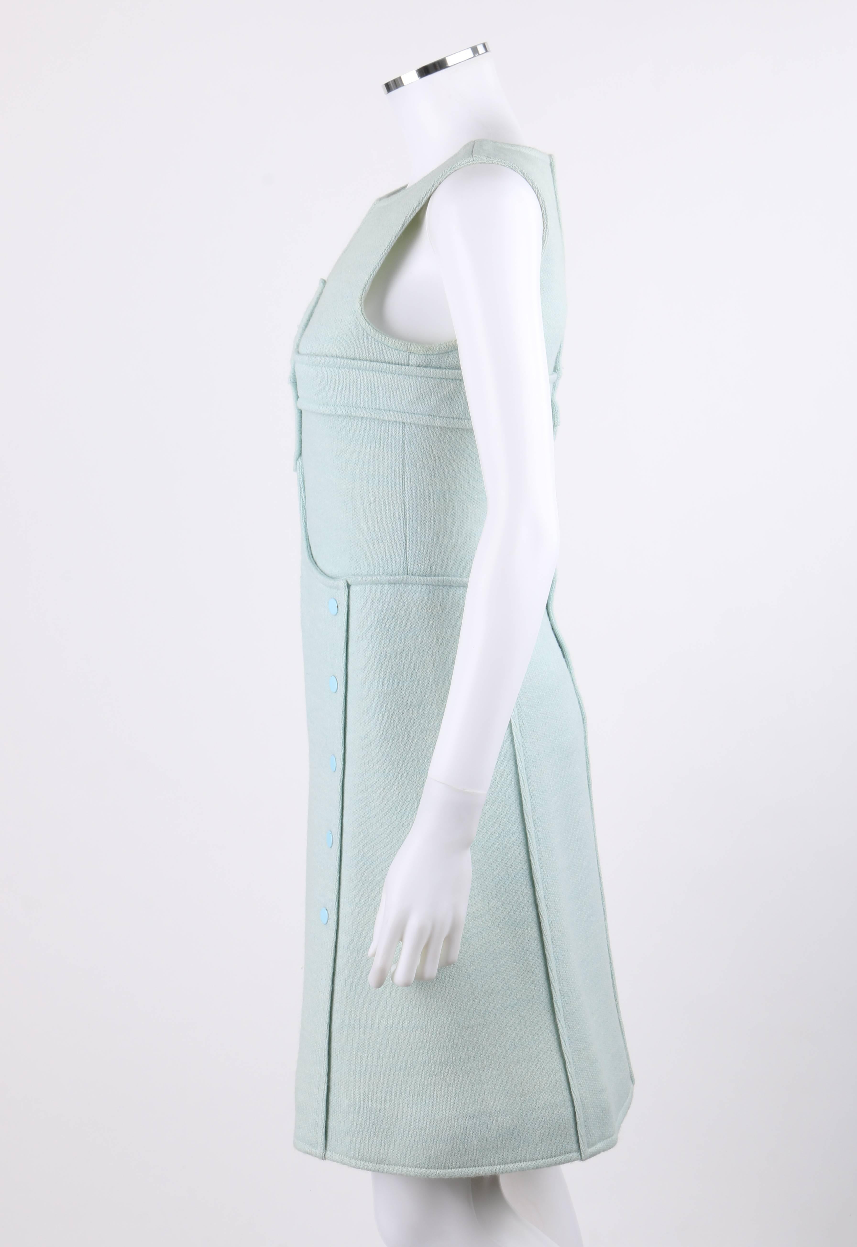 COURREGES Hyperbole c.1970s Sky Blue Wool Sleeveless Siganture Logo A-Line Dress In Good Condition For Sale In Thiensville, WI