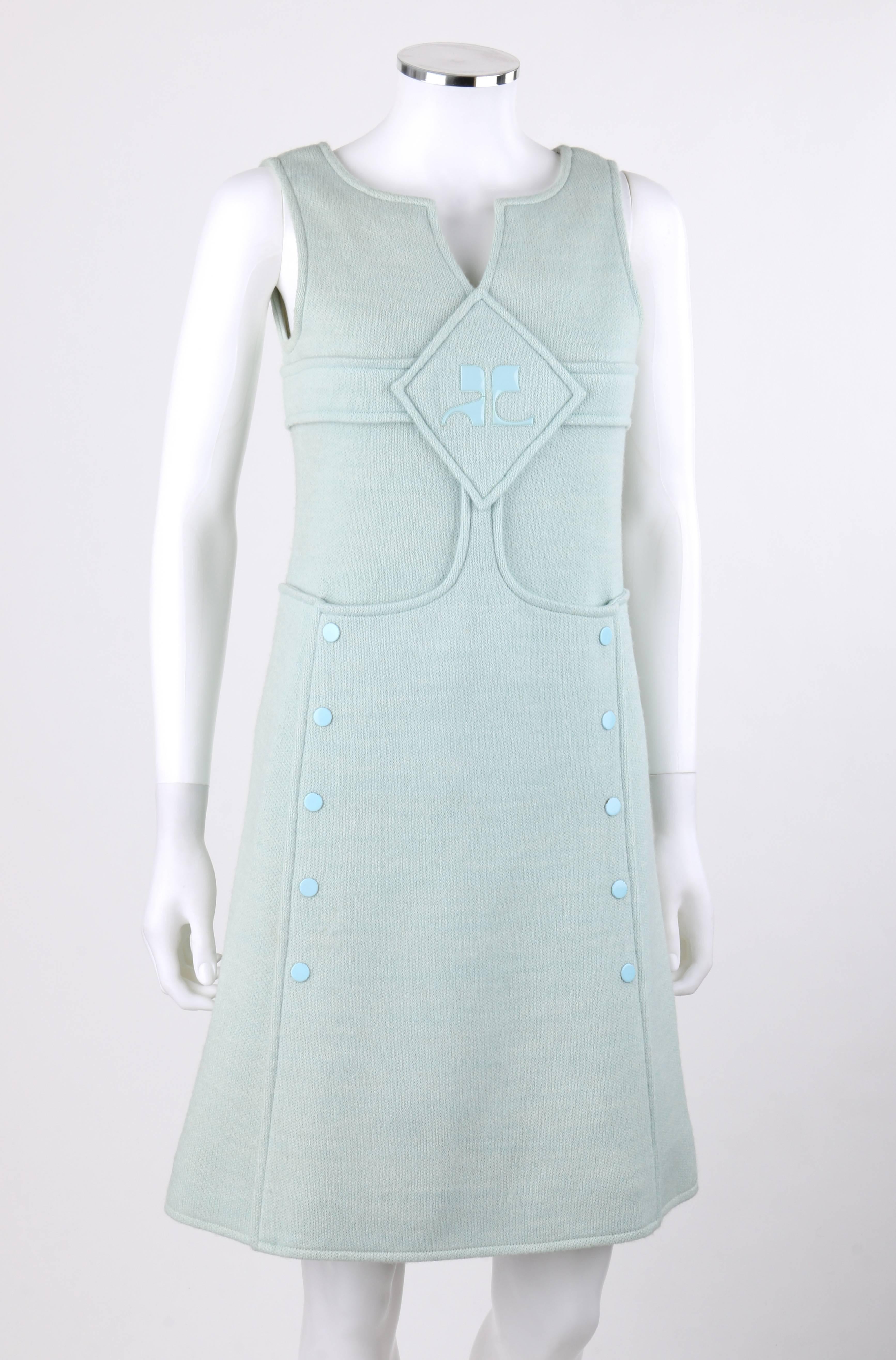 Vintage Courreges Hyperbole c.1970's sky blue wool sleeveless signature logo A-line dress. Numbered: 