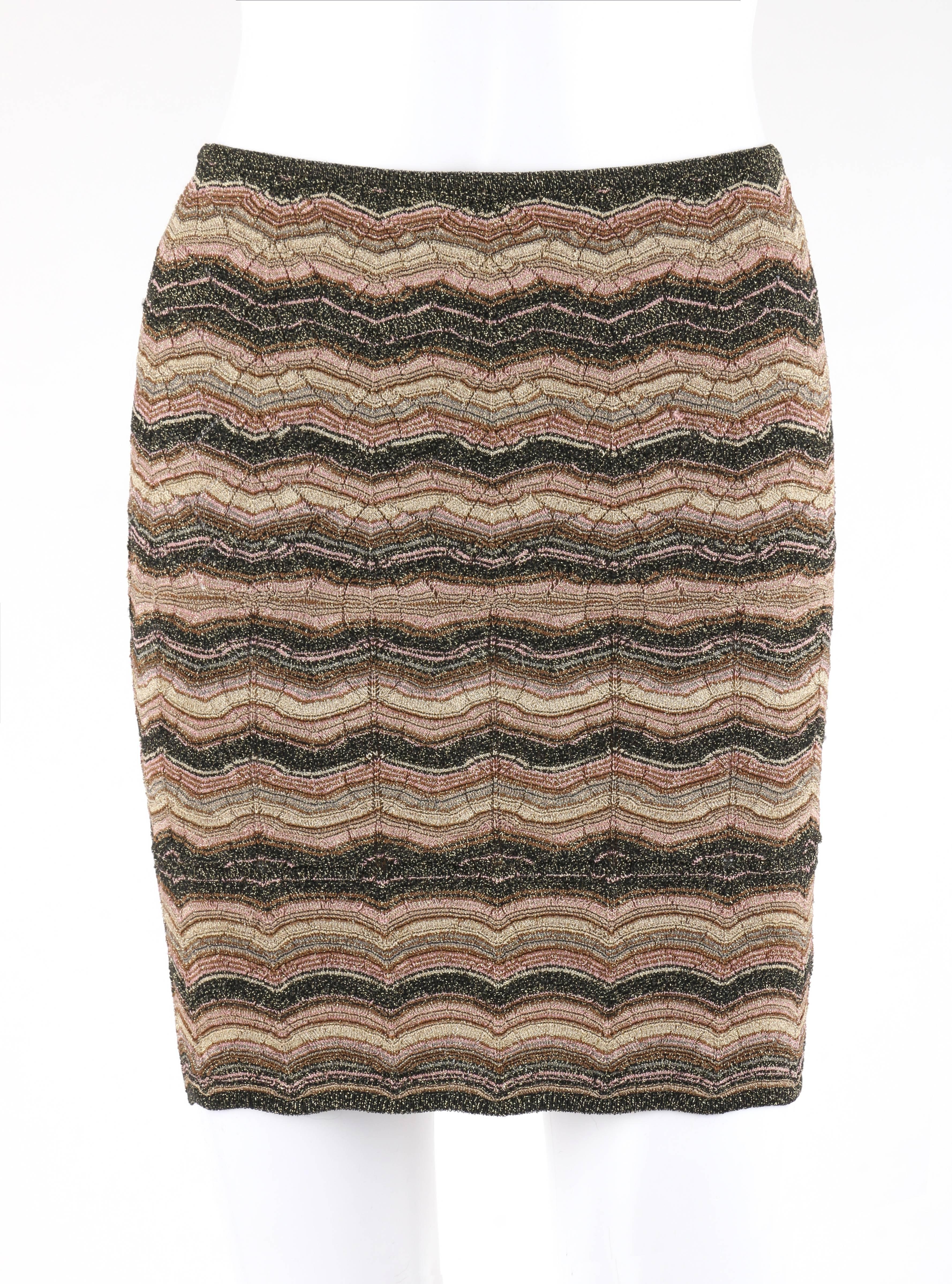 Missoni M metallic knit convertible 3-in-1 pencil skirt tube top cowl neck scarf. Designed by Angela Missoni. Multi-color metallic scallop pattern knit in shades of gold, brown, cream, pink, tan, and black. Slip-on style. Rib knit edge at top and