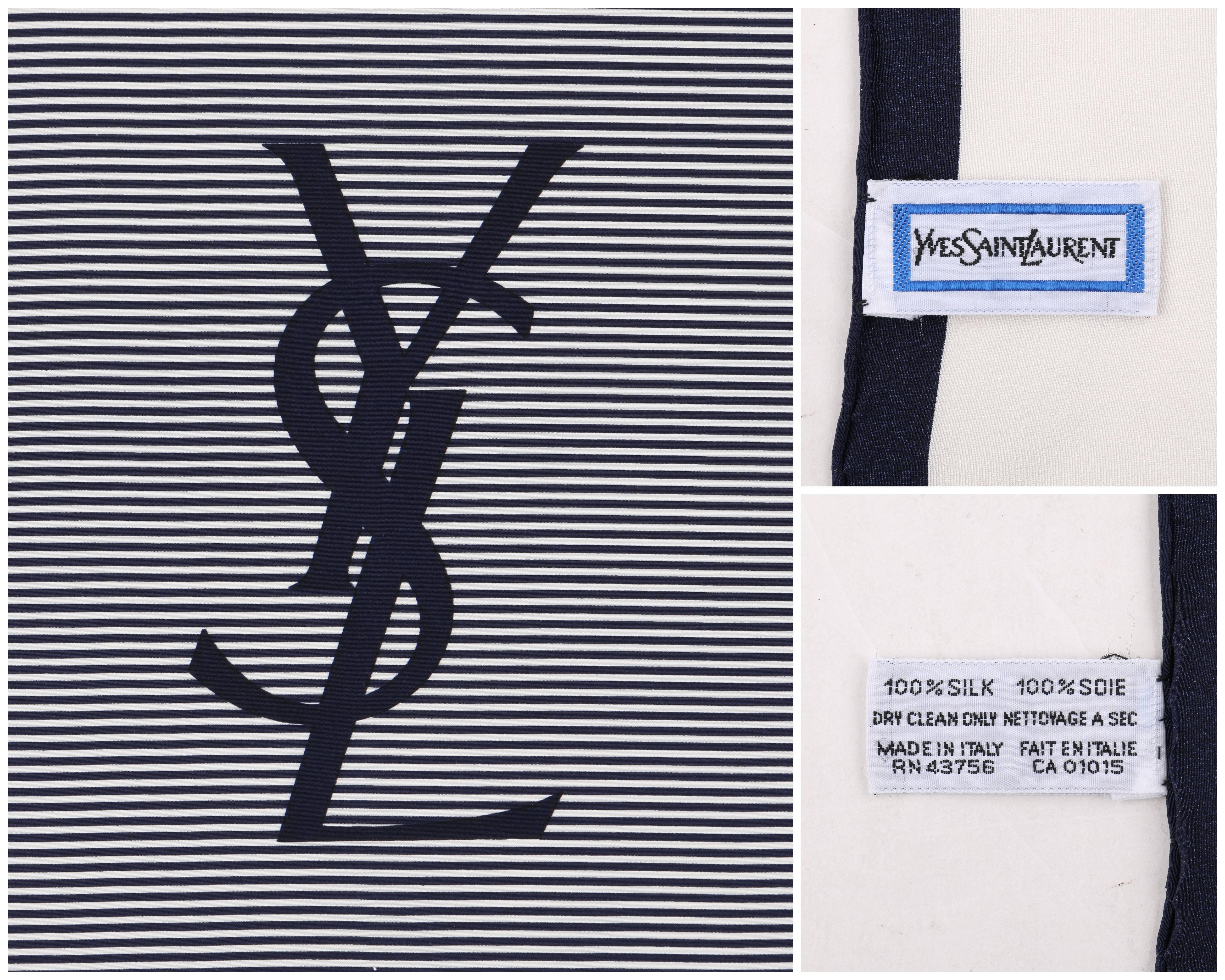 Women's YVES SAINT LAURENT c.1980s YSL Navy Blue White Striped Signature Logo Silk Scarf