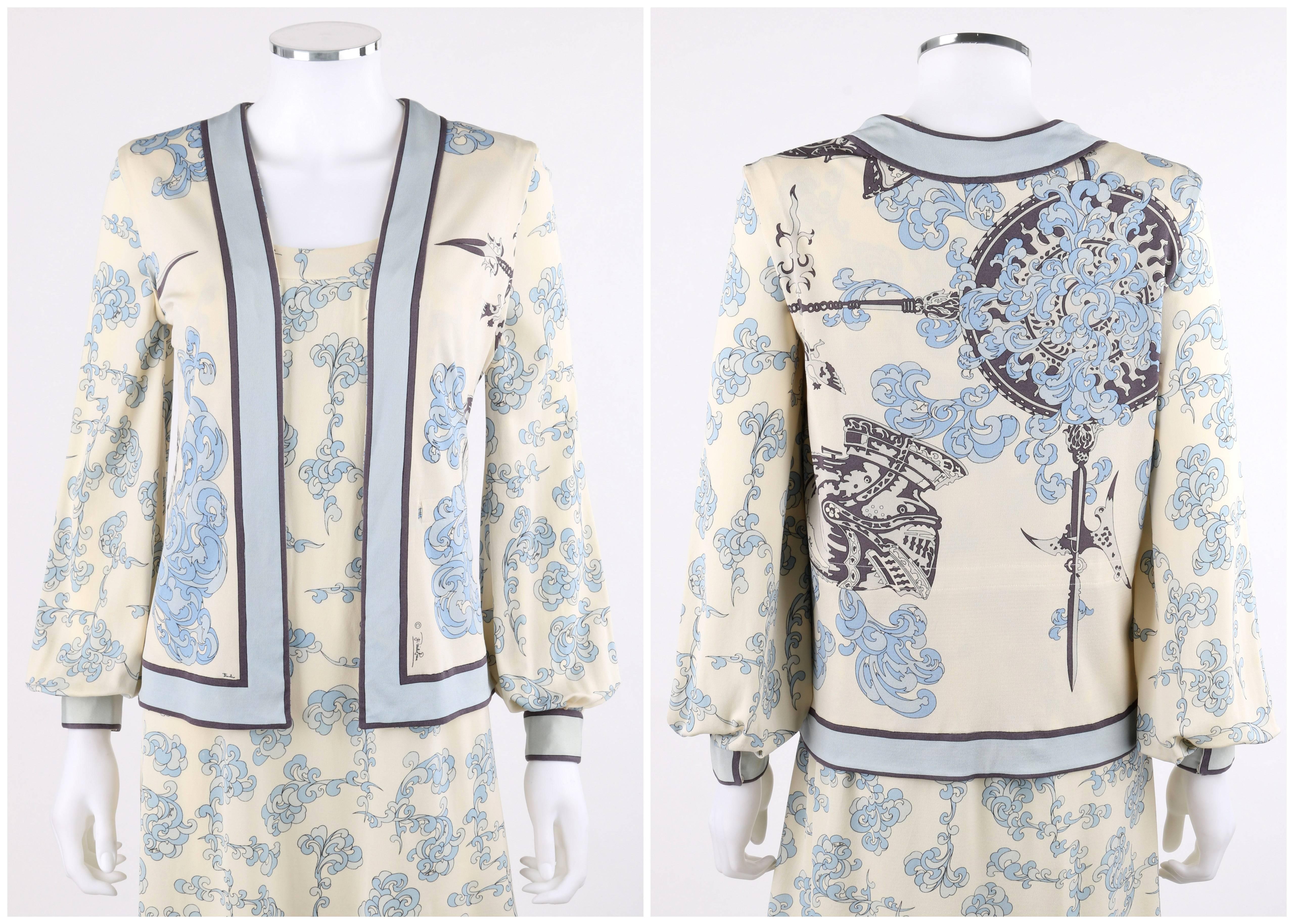 Vintage Emilio Pucci c.1970's two piece signature print silk jersey knit vest baby doll dress set. Abstract plume / feather and medieval armor print silk jersey knit in shades of off white, blue, and gray. Scoop neckline babydoll dress. Long bishop