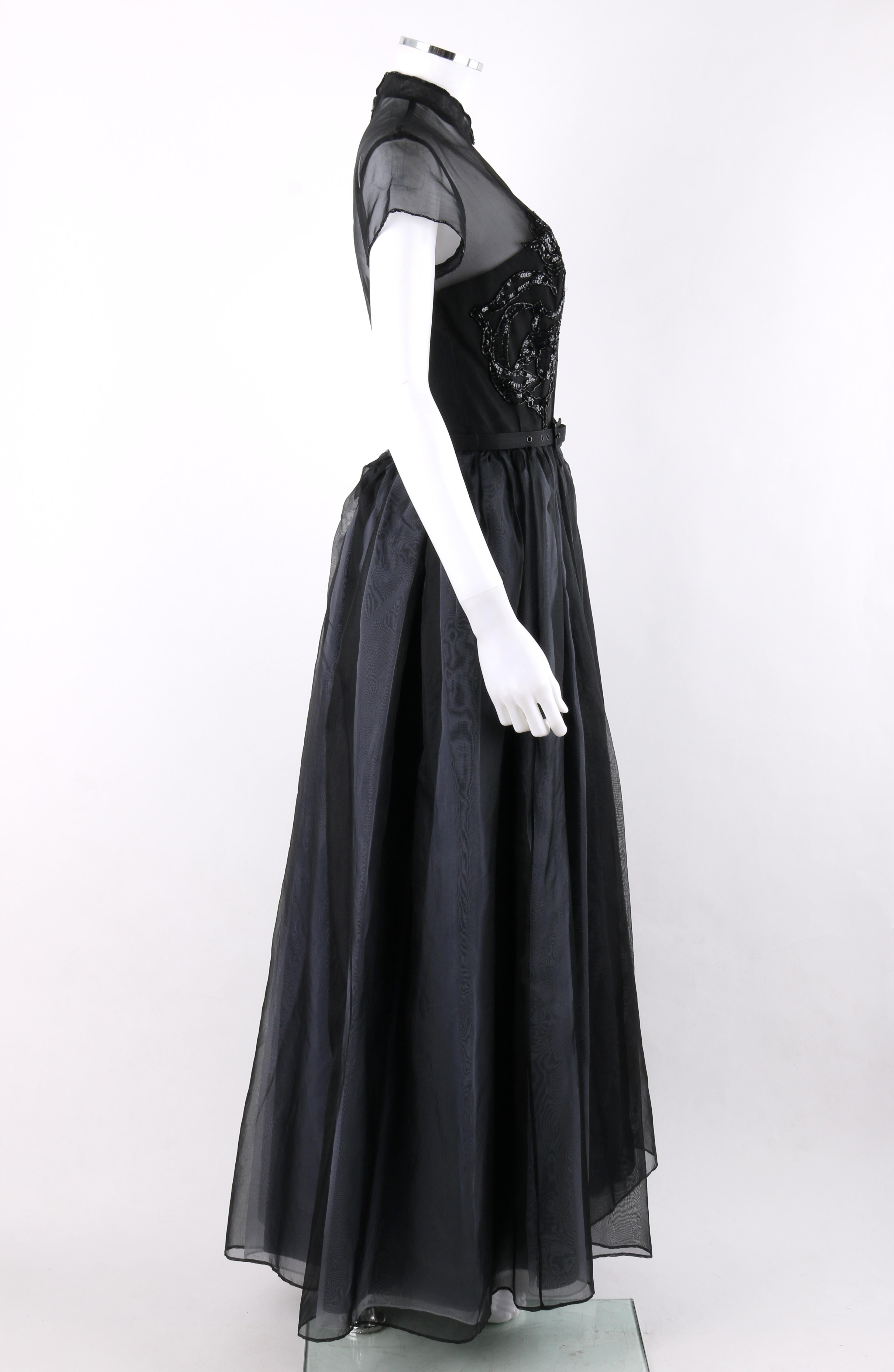 Black VICTOR COSTA Nahdree c.1990's Floral Beaded Silk Illusion Top Evening Gown Dress