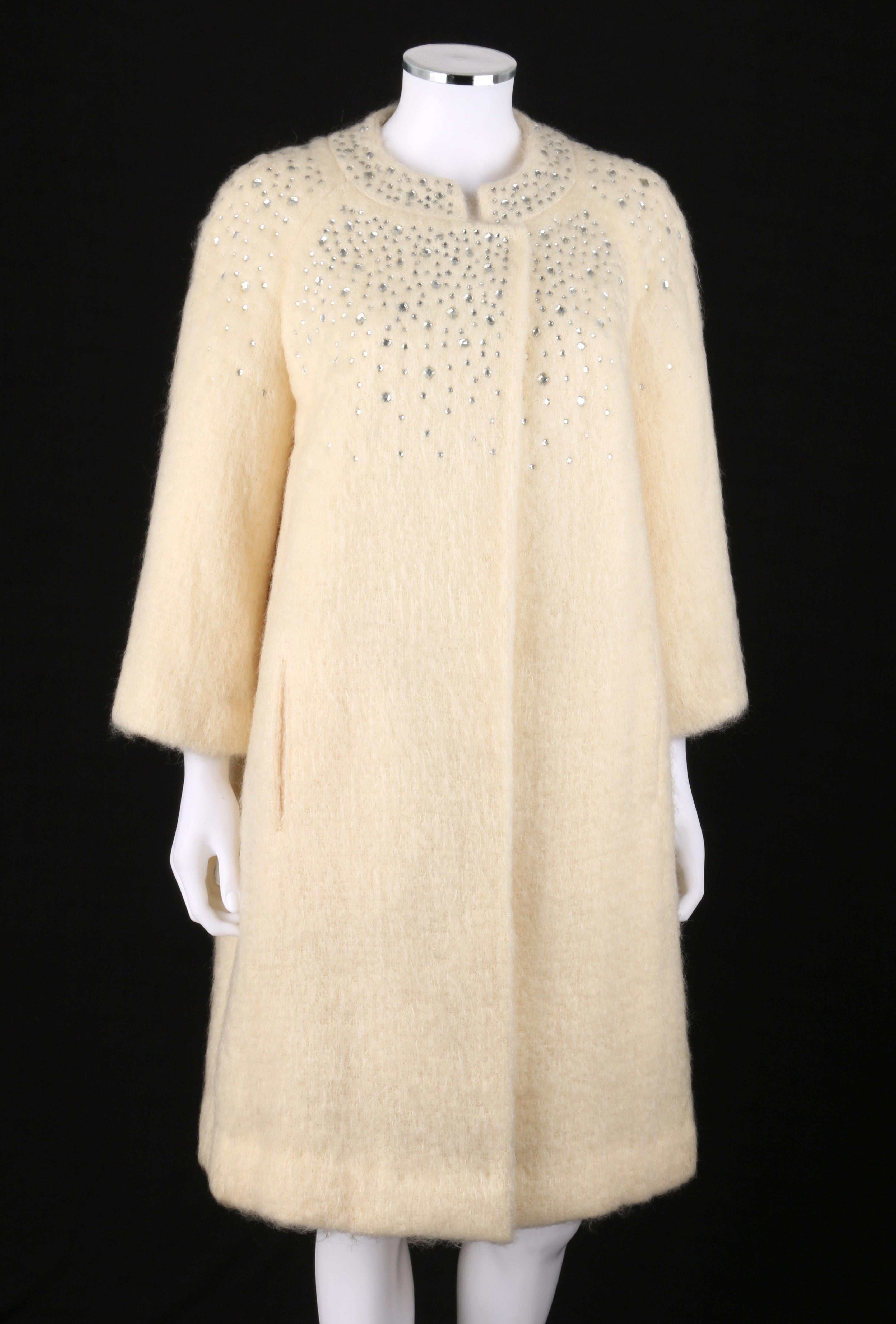 White BATALDI c.1960's Ivory Mohair Crystal Rhinestone Embellished Evening Coat For Sale