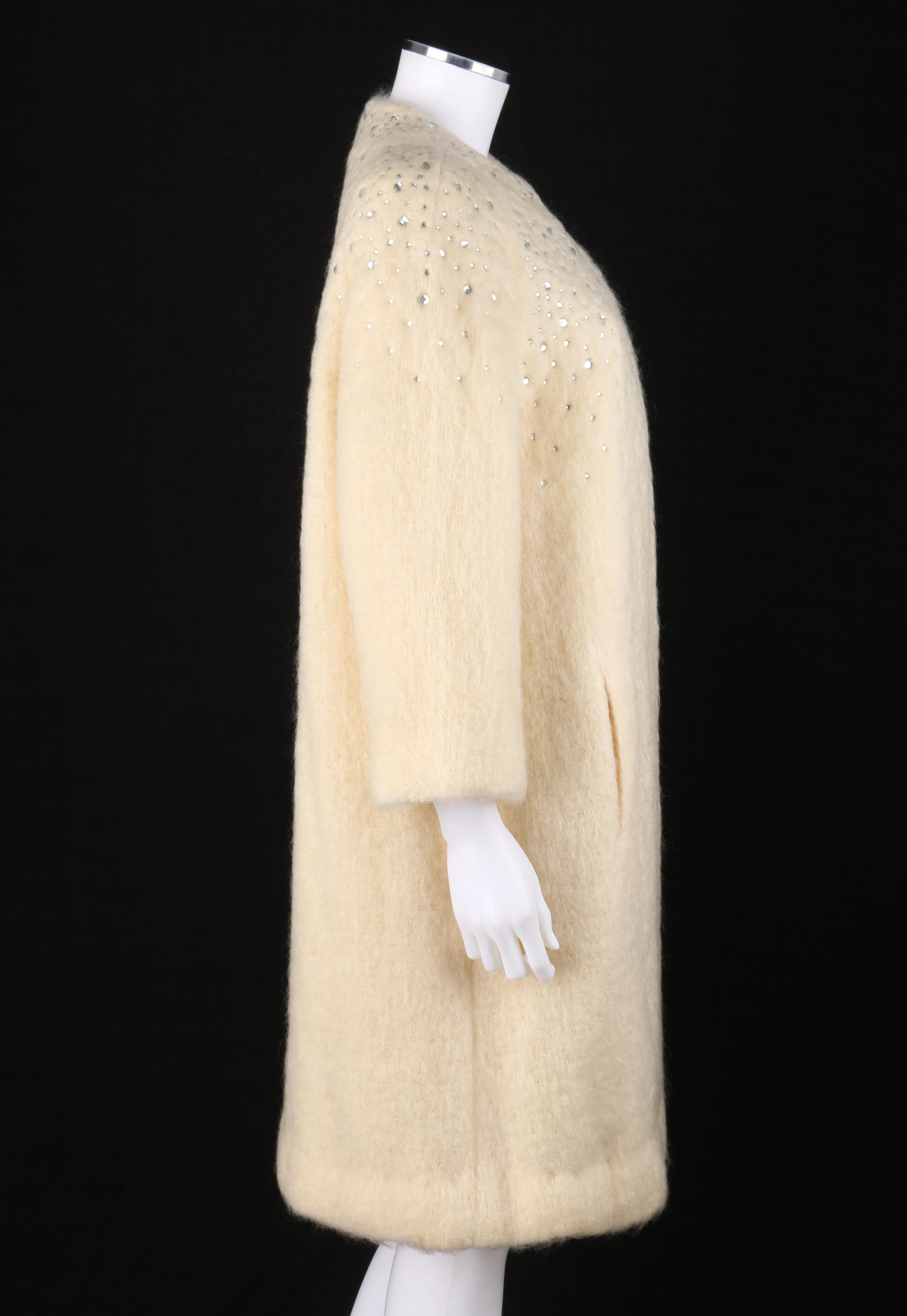 BATALDI c.1960's Ivory Mohair Crystal Rhinestone Embellished Evening Coat In Good Condition For Sale In Thiensville, WI