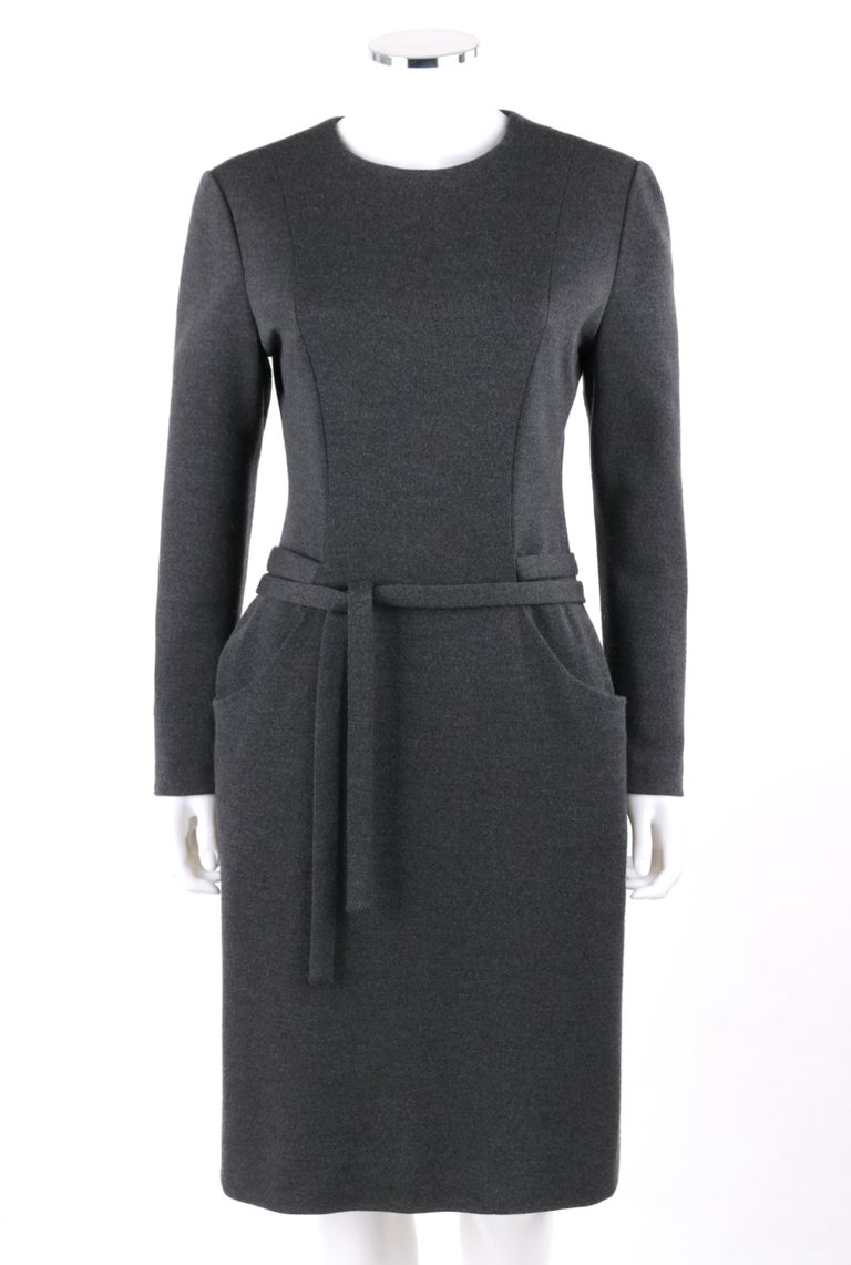 BILL BLASS c.1980's Charcoal Gray Knit Long Sleeve Belted Shift Dress ...