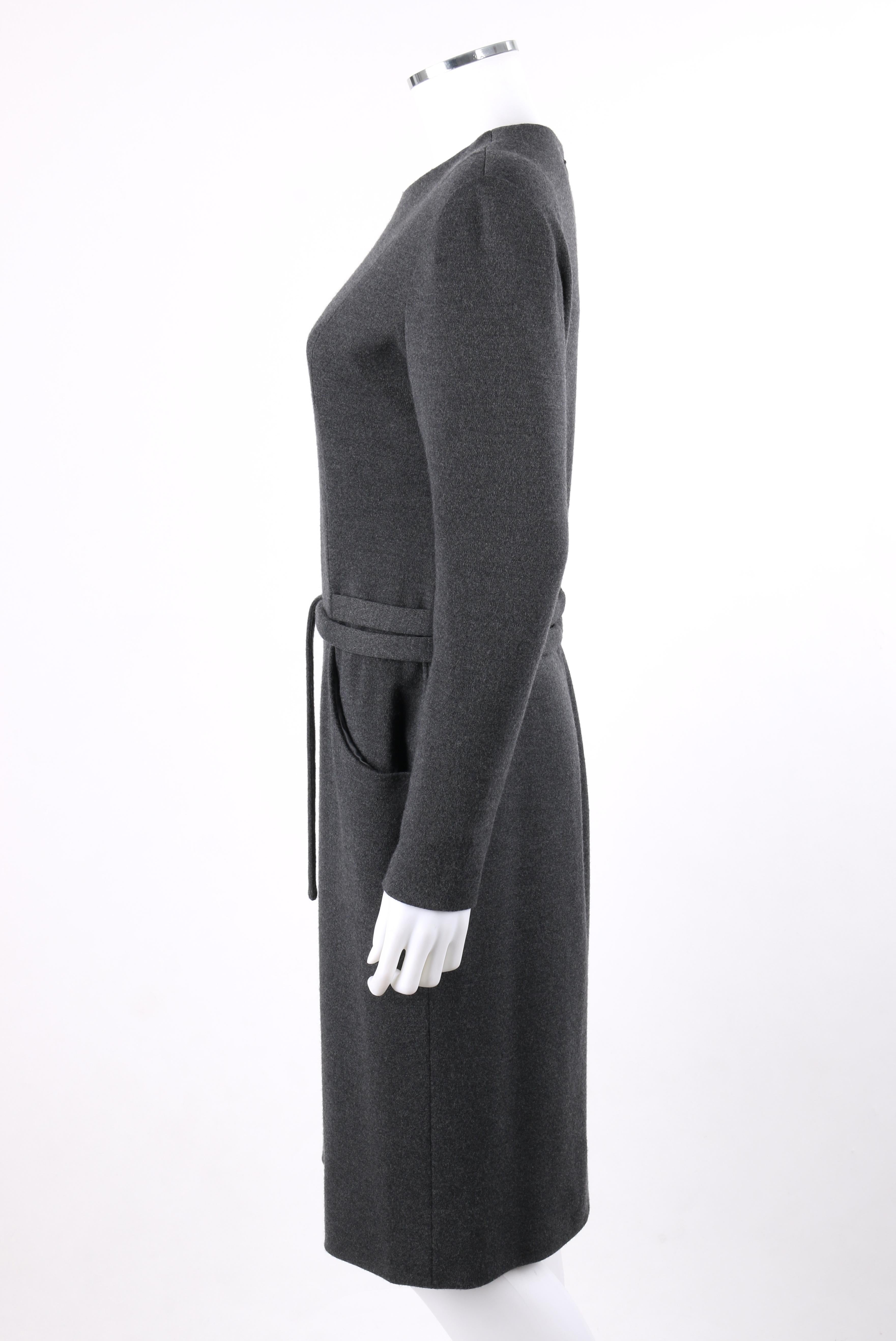 Women's BILL BLASS c.1980's Charcoal Gray Knit Long Sleeve Belted Shift Dress