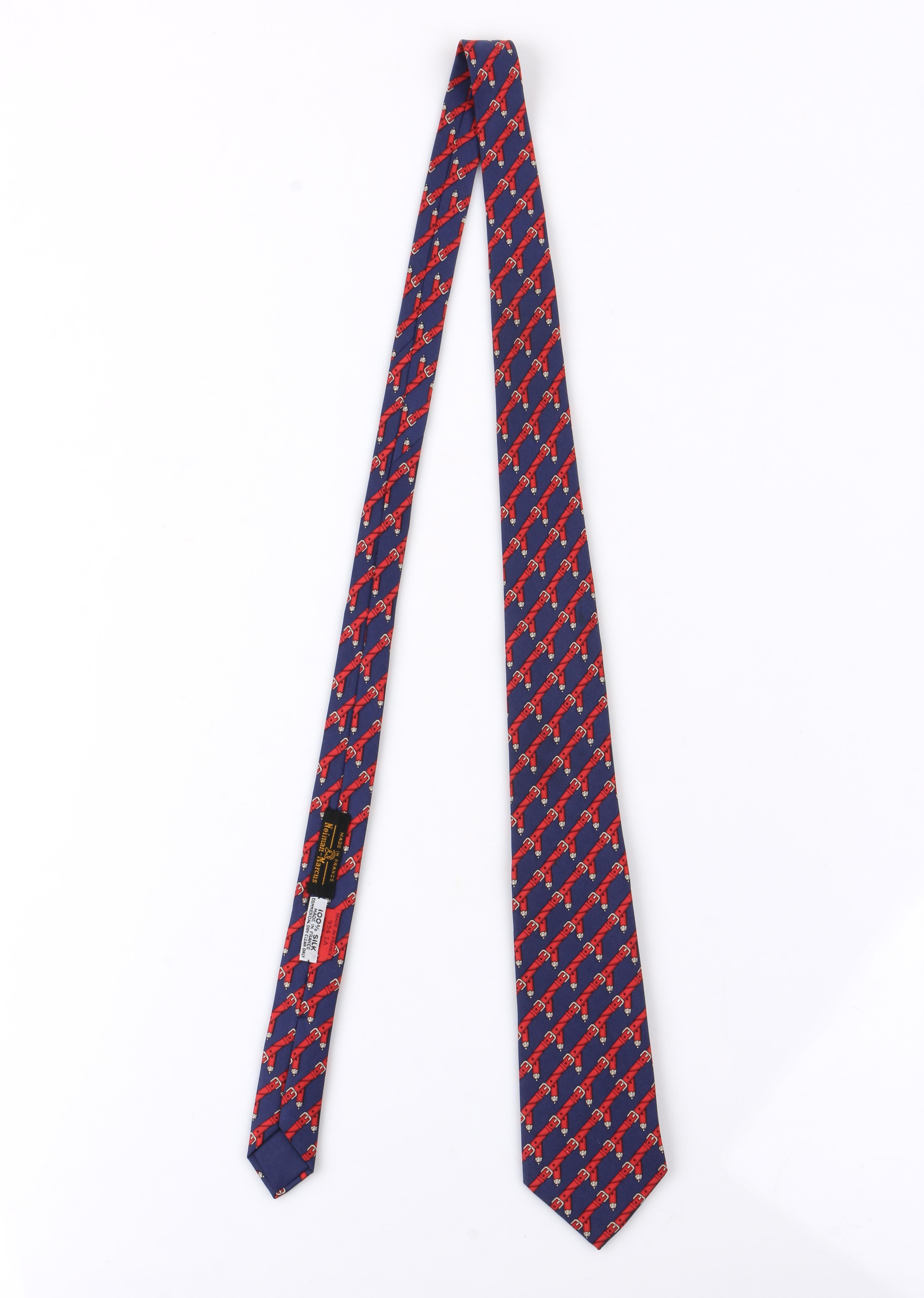Black HERMES c.1980's Navy Blue & Red Equestrian Belt 5 Fold Silk  Necktie Tie 954 IA
