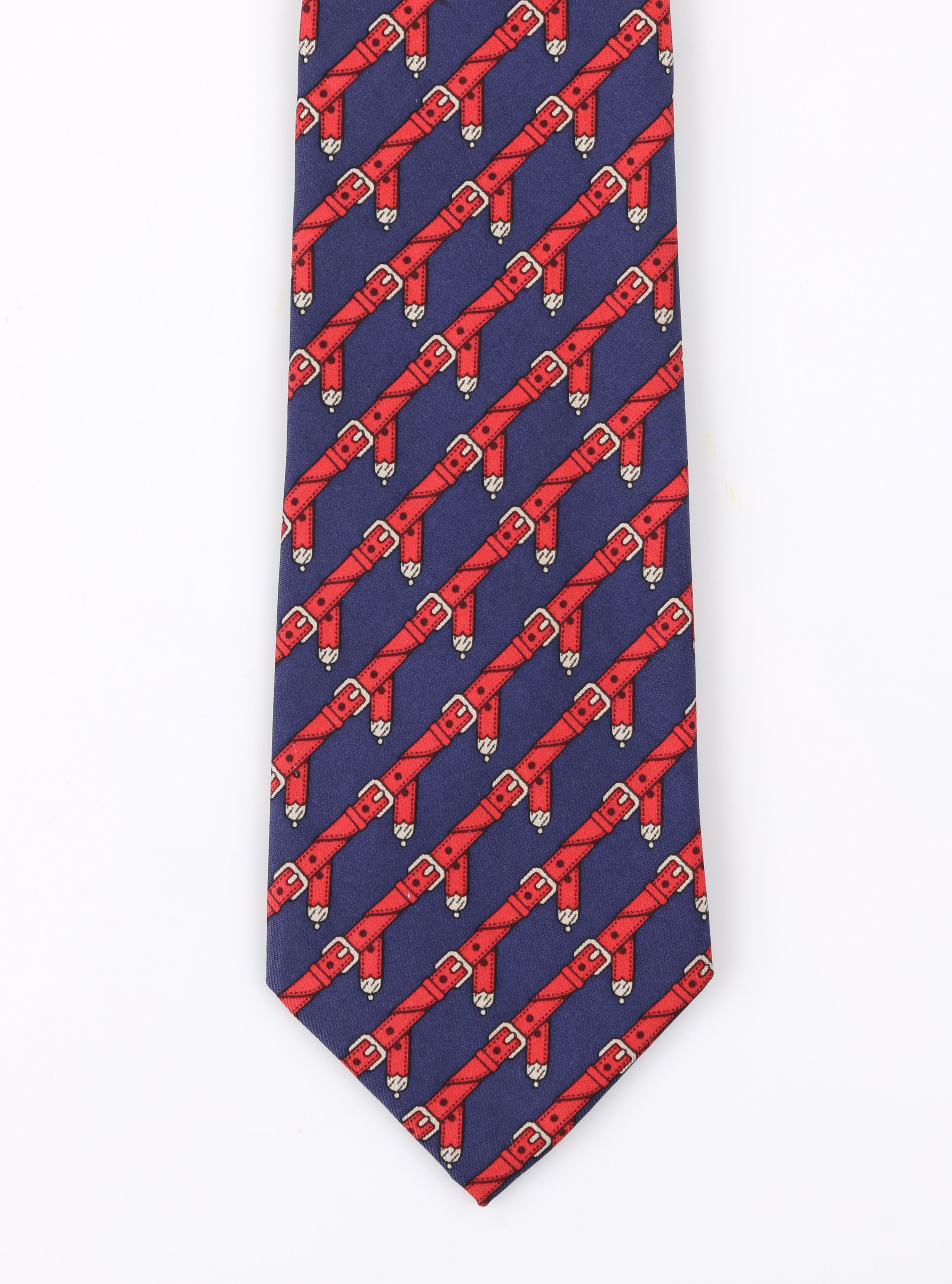 Men's HERMES c.1980's Navy Blue & Red Equestrian Belt 5 Fold Silk  Necktie Tie 954 IA
