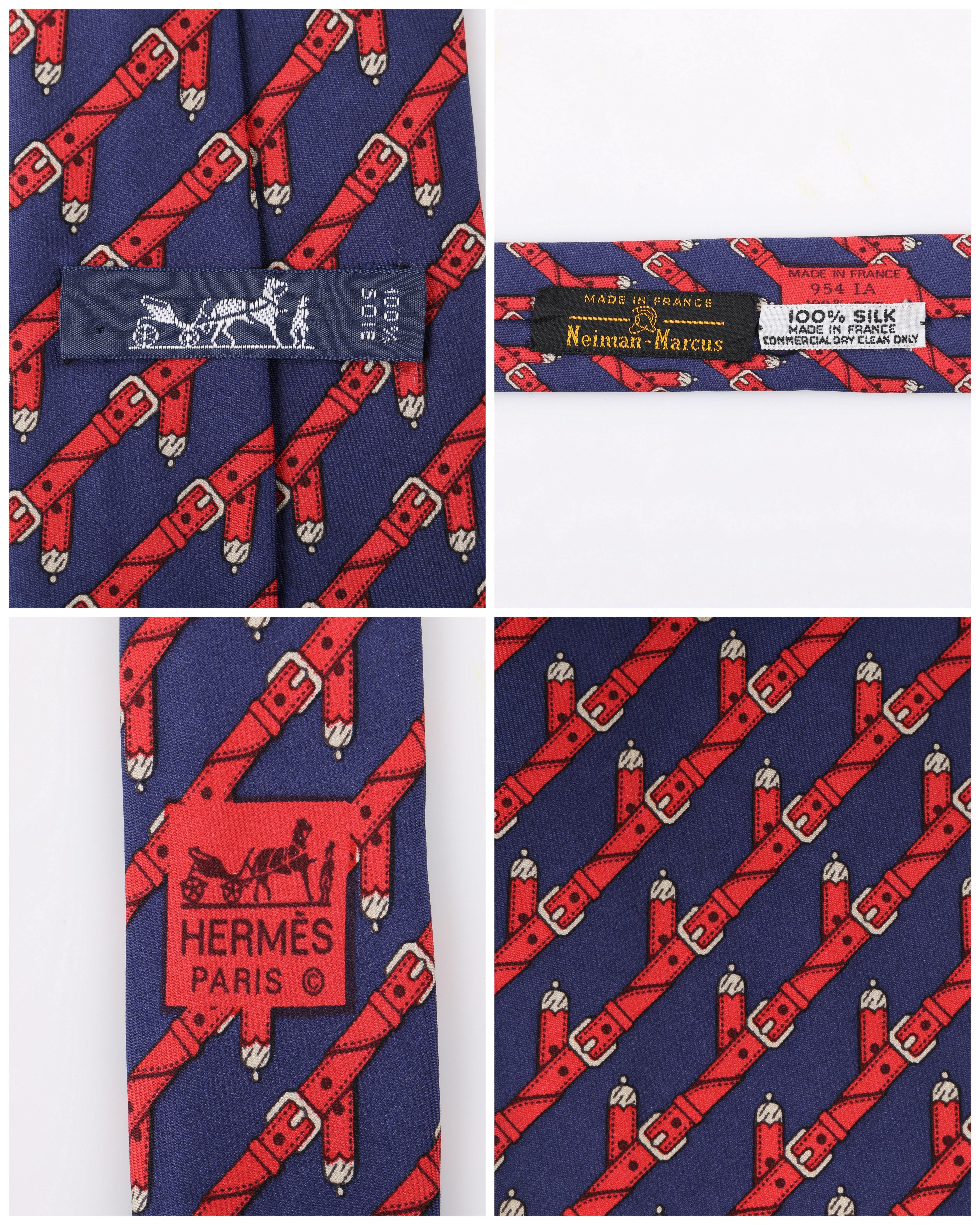HERMES c.1980's Navy Blue & Red Equestrian Belt 5 Fold Silk  Necktie Tie 954 IA 1
