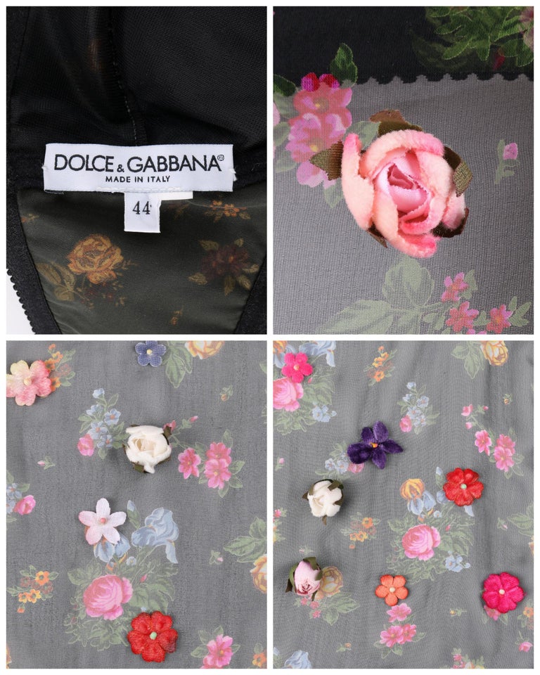 DOLCE & GABBANA A/W 1999 Black Floral Applique Chiffon Camisole w/ Built In Bra For Sale 5