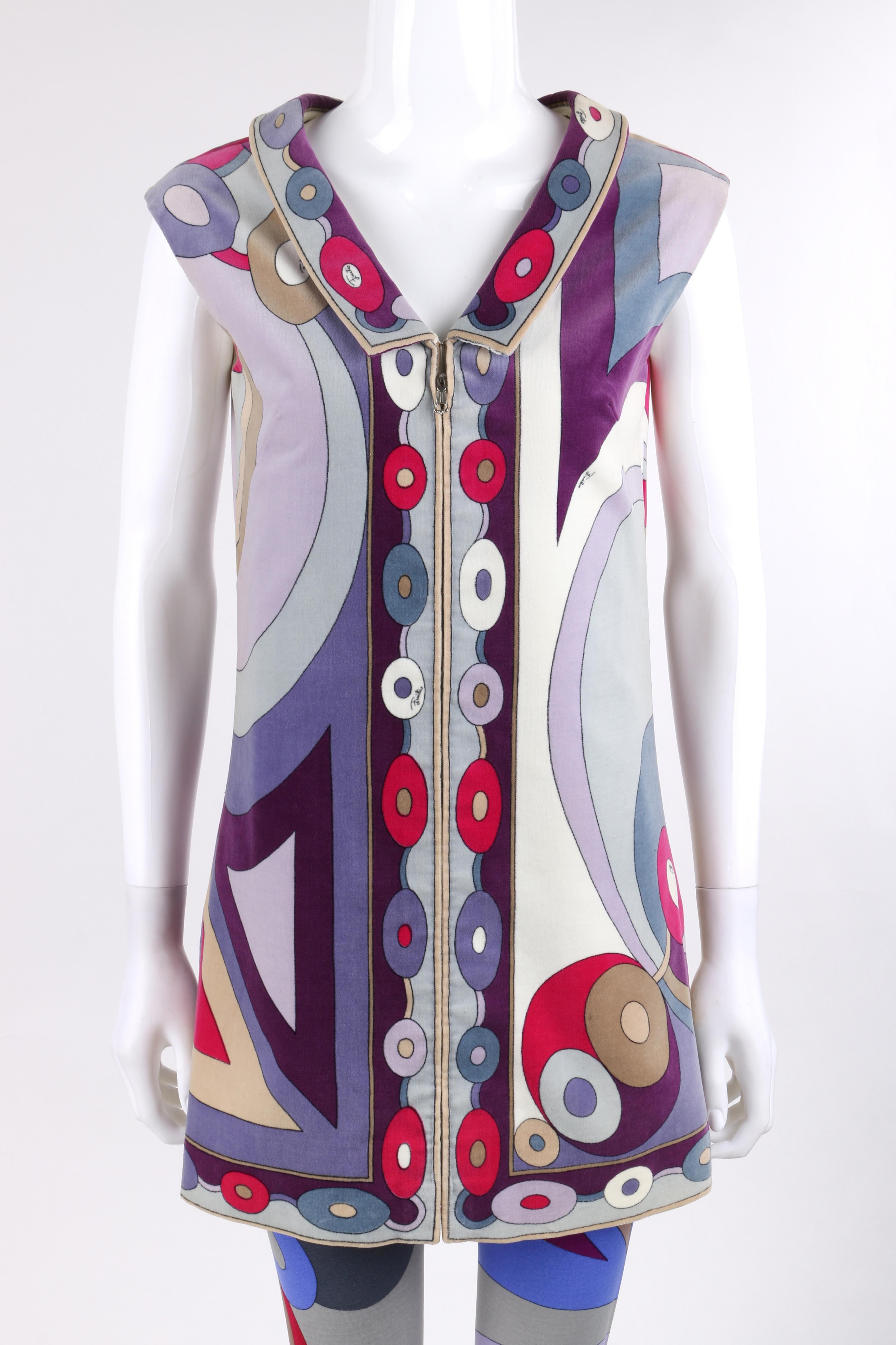 DESCRIPTION: EMILIO PUCCI c.1967 2 Pc Bubble Op Art Signature Velvet Tunic Dress Tights Set
 
Circa: c.1967
Label(s): Emilio Pucci; Neiman Marcus Trophy Room
Designer: Emilio Pucci
Style: Two piece tunic dress and tights set
Color(s): Shades of