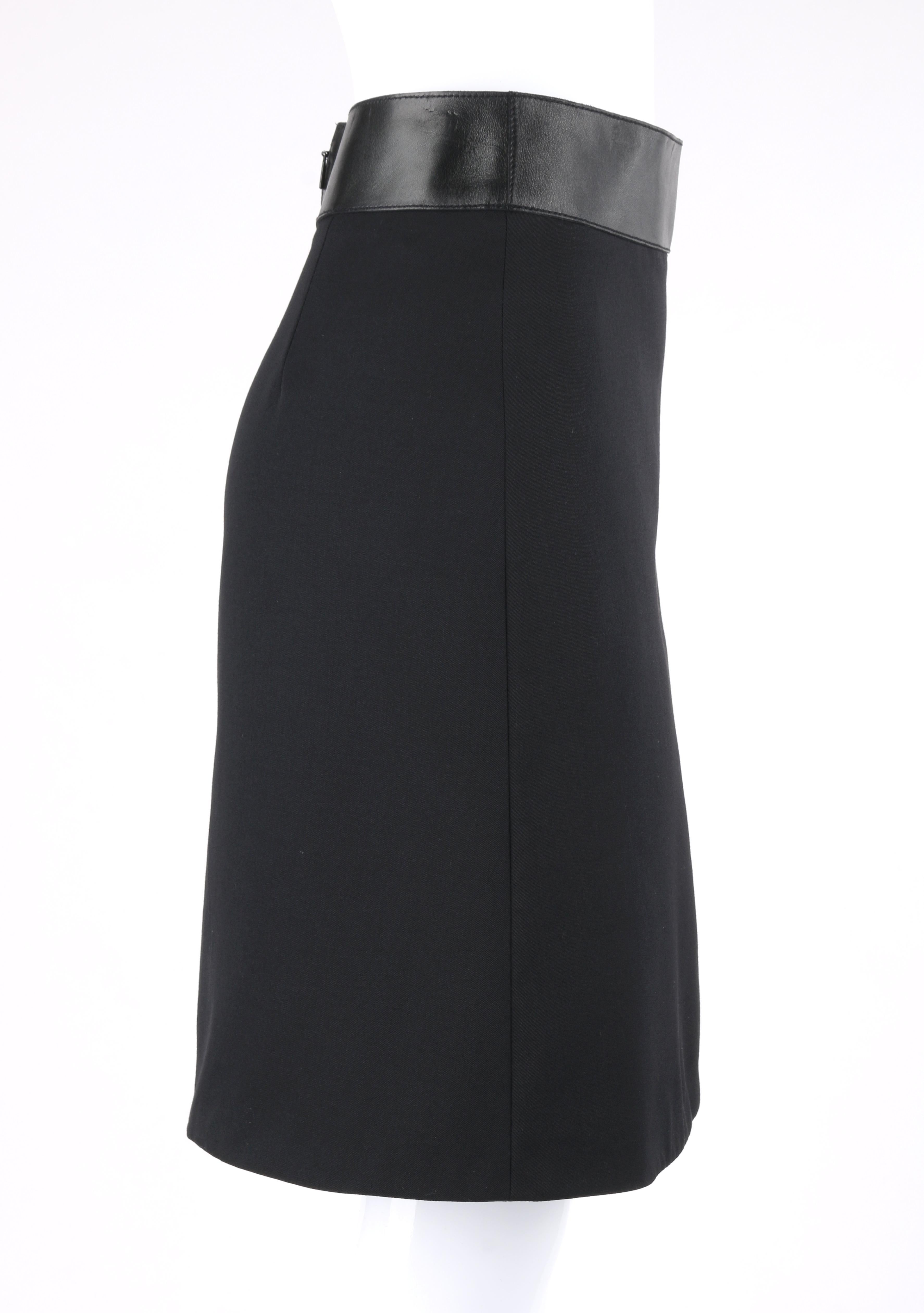 GUCCI Pre-Fall 2014 Black Wool Gabardine Leather Waistband Classic A-Line Skirt In Good Condition In Thiensville, WI