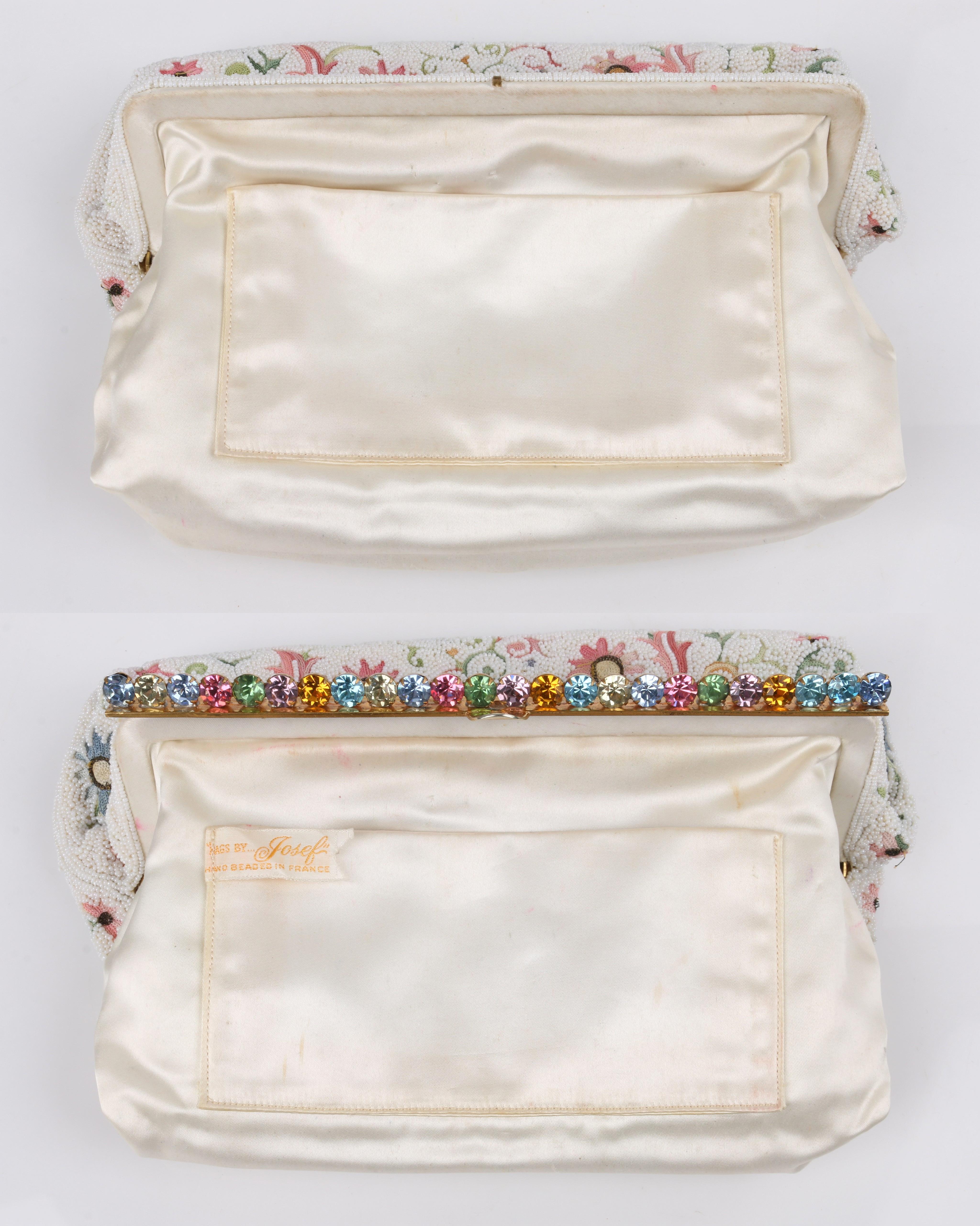 Beige BAGS BY JOSEF c.1940's Floral Point De Beauvais Glass Beaded Frame Top Clutch