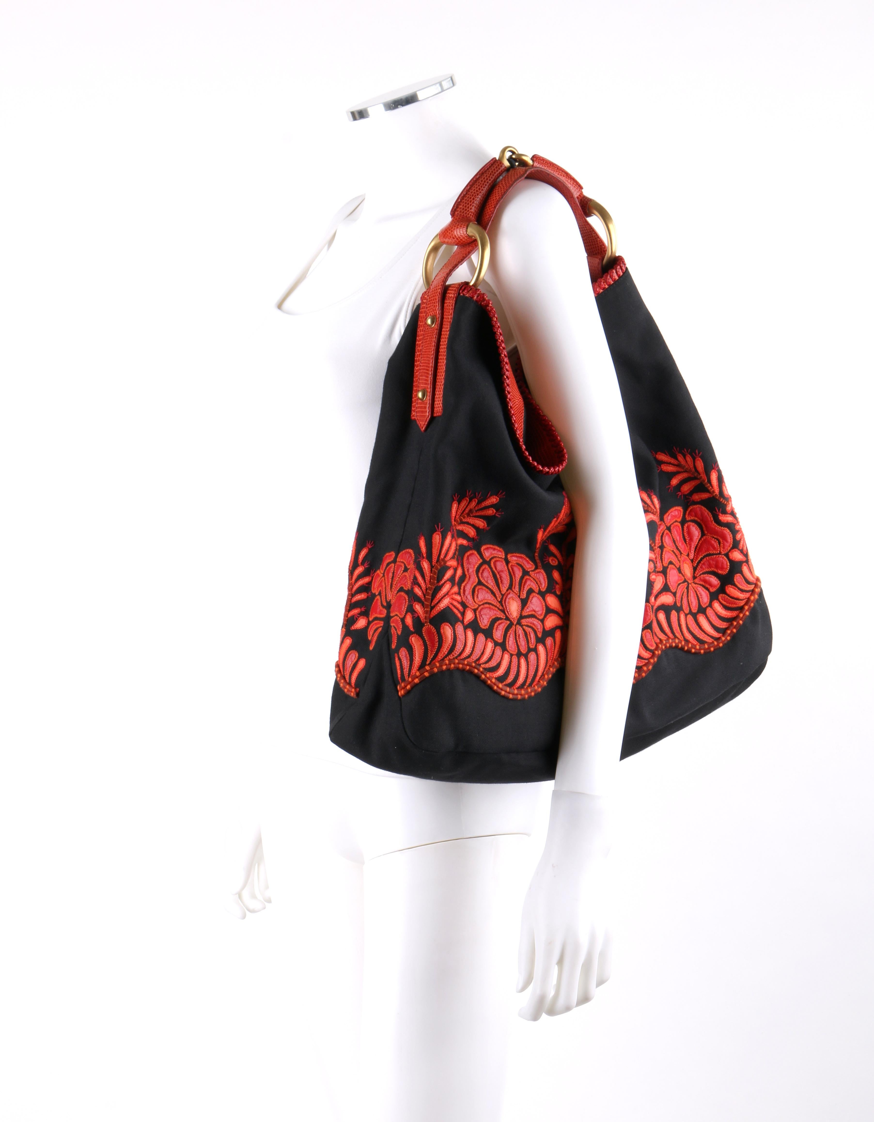 DESCRIPTION: GUCCI Black Canvas & Red Lizard Leather Floral Applique 