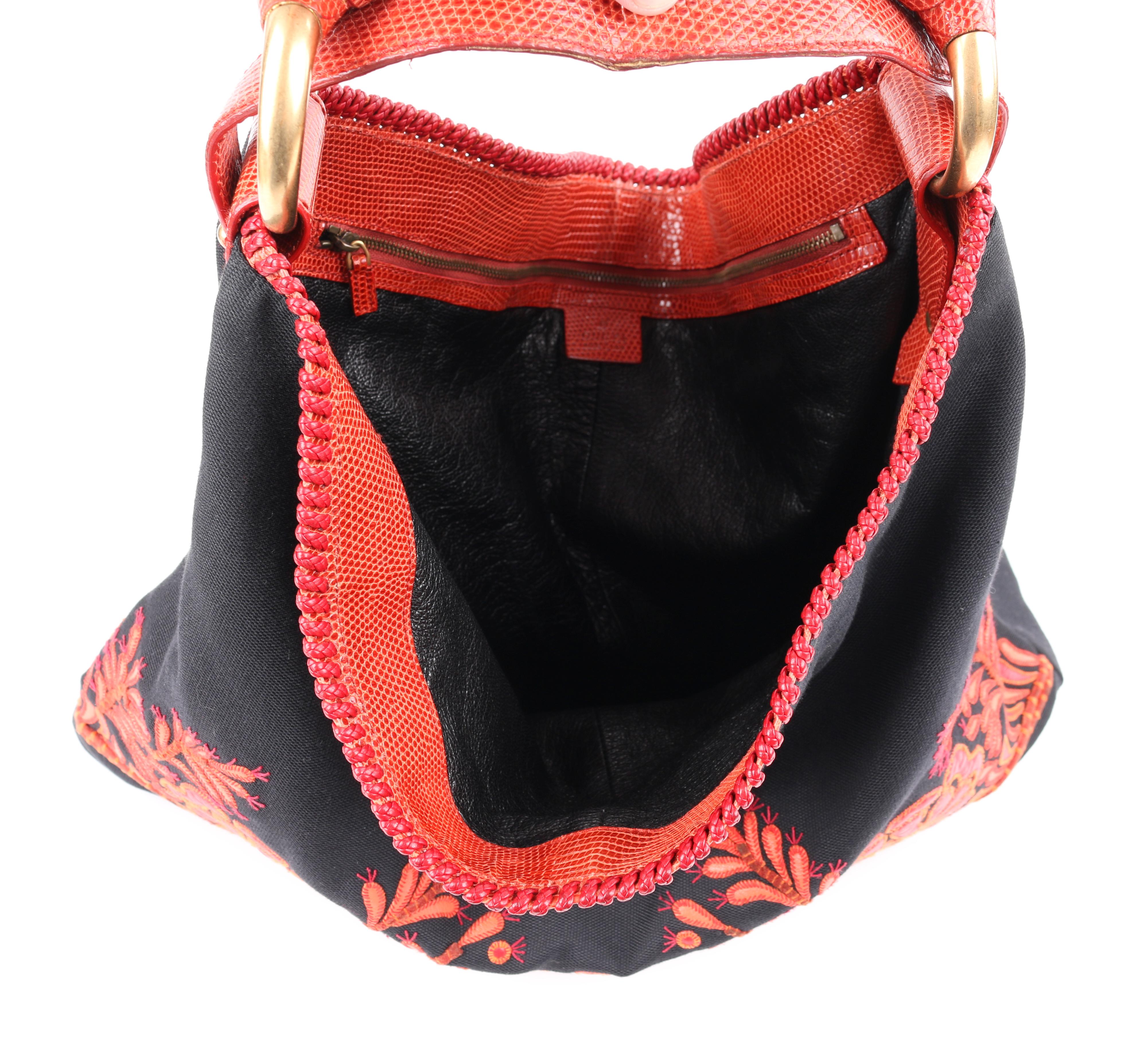 Women's GUCCI Black Canvas & Red Lizard Leather Floral Applique 