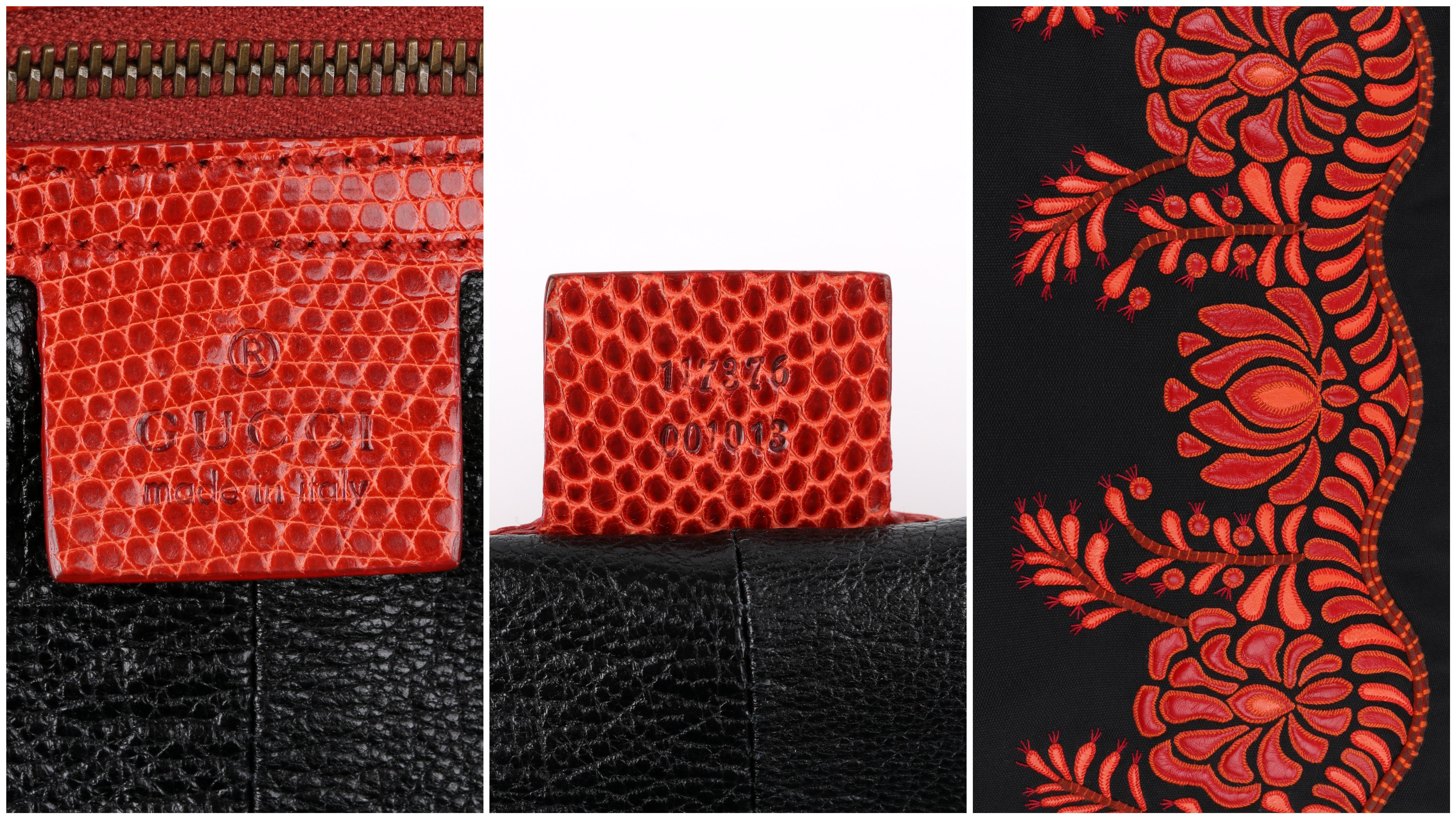 GUCCI Black Canvas & Red Lizard Leather Floral Applique 