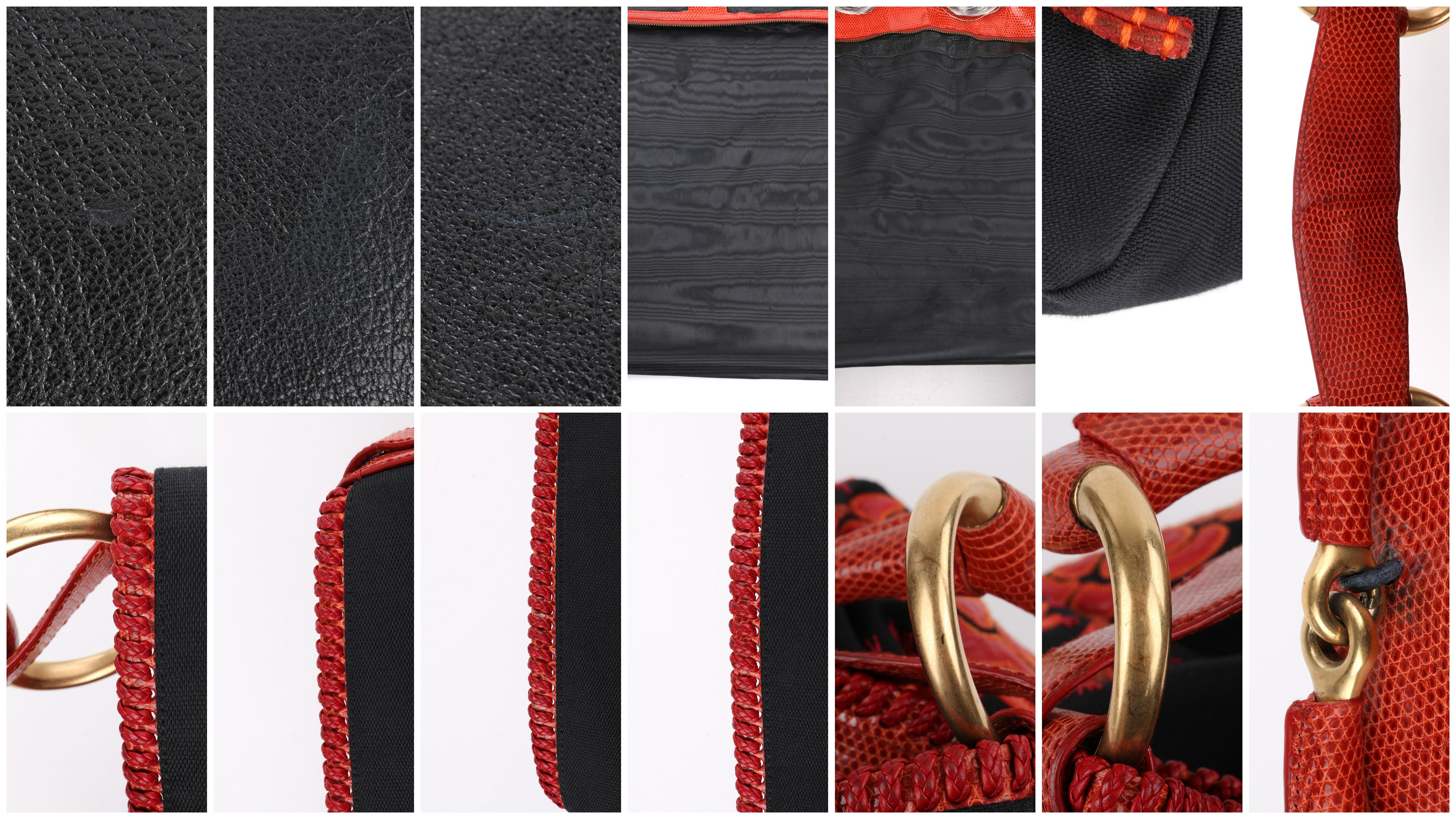 GUCCI Black Canvas & Red Lizard Leather Floral Applique 