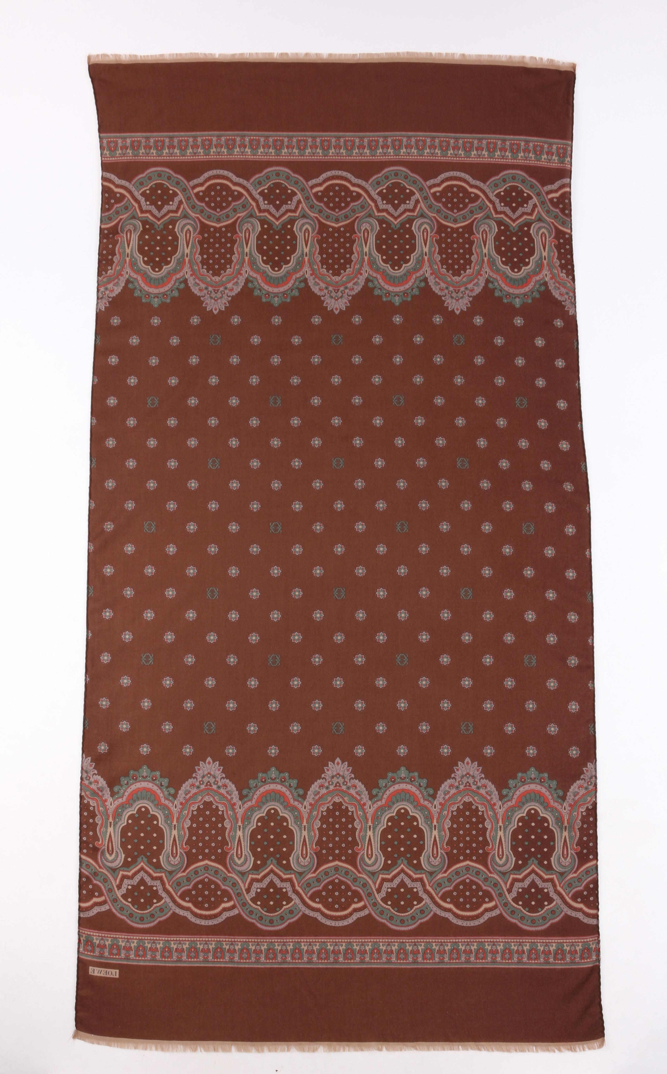 LOEWE Brown Wool Silk Floral Paisley Fringe Oblong Scarf / Shawl In Good Condition In Thiensville, WI