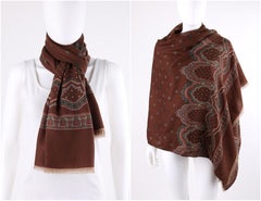 LOEWE Brown Wool Silk Floral Paisley Fringe Oblong Scarf / Shawl