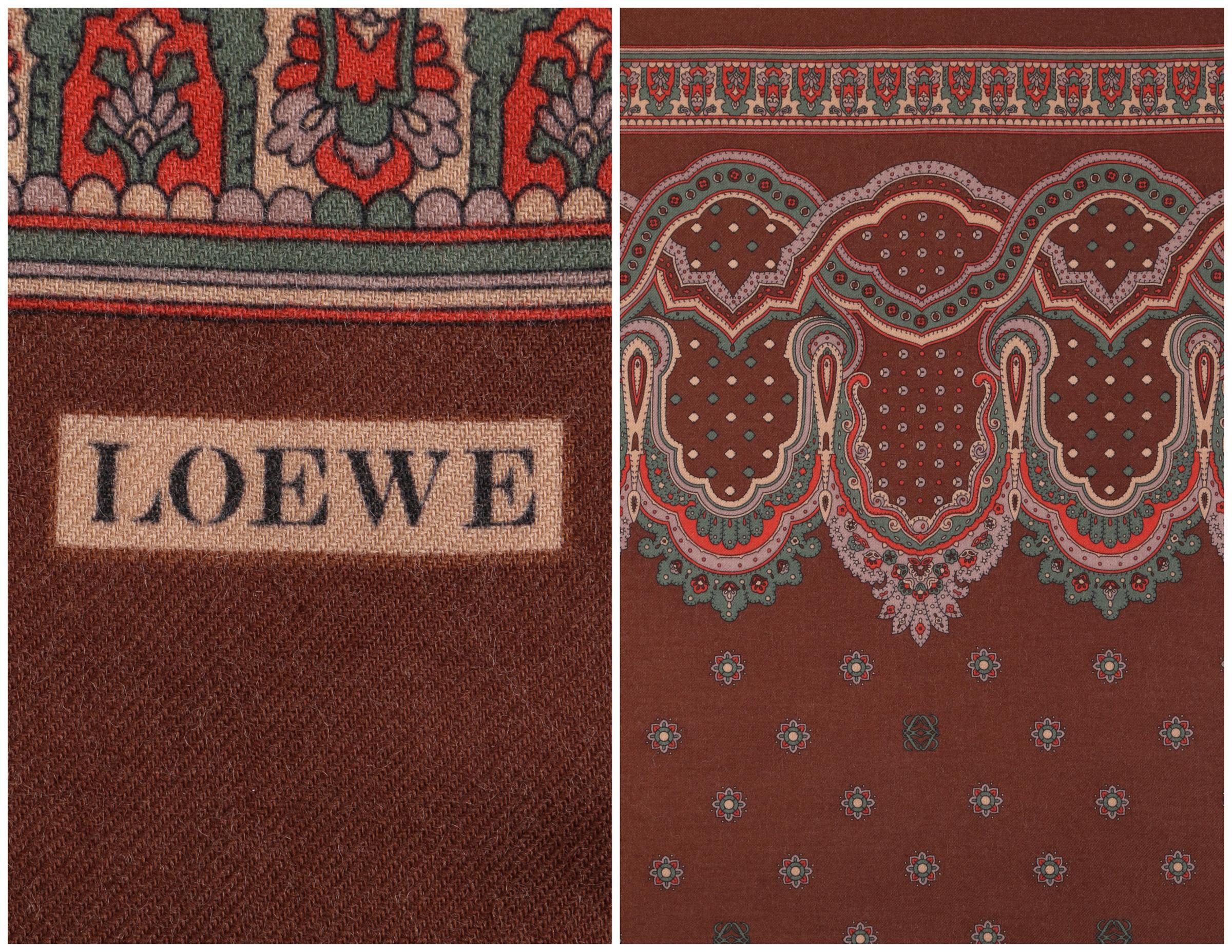 Women's LOEWE Brown Wool Silk Floral Paisley Fringe Oblong Scarf / Shawl