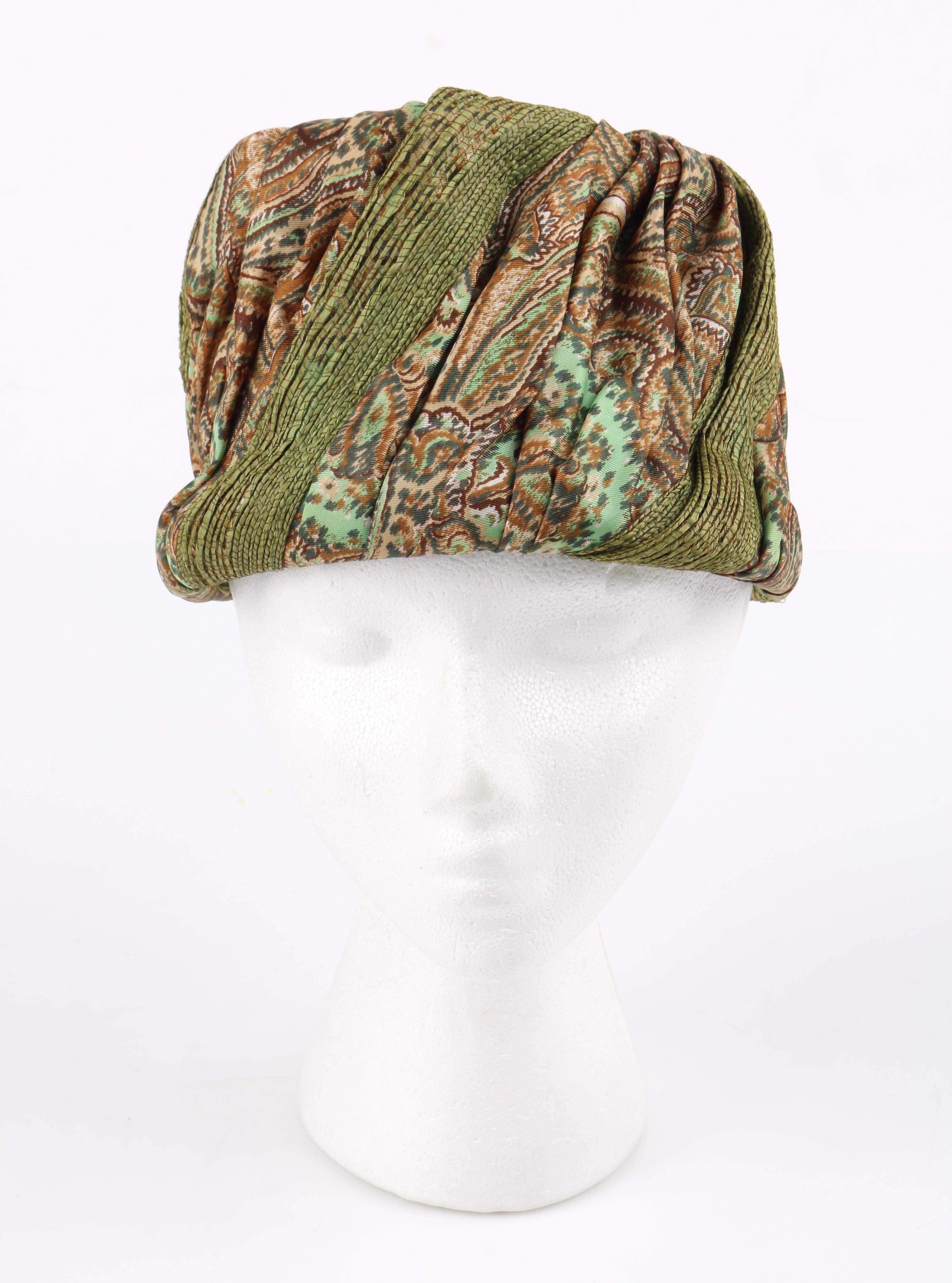 DESCRIPTION: Miss Dior by CHRISTIAN DIOR c.1960s Green Paisley Print Silk & Straw Pleated Toque Hat
 
Circa: c.1960’s
Label(s): Miss Dior Created by Christian Dior; United Hatters, Cap, and Millinery Workers union label
Style: Toque hat
Color(s):