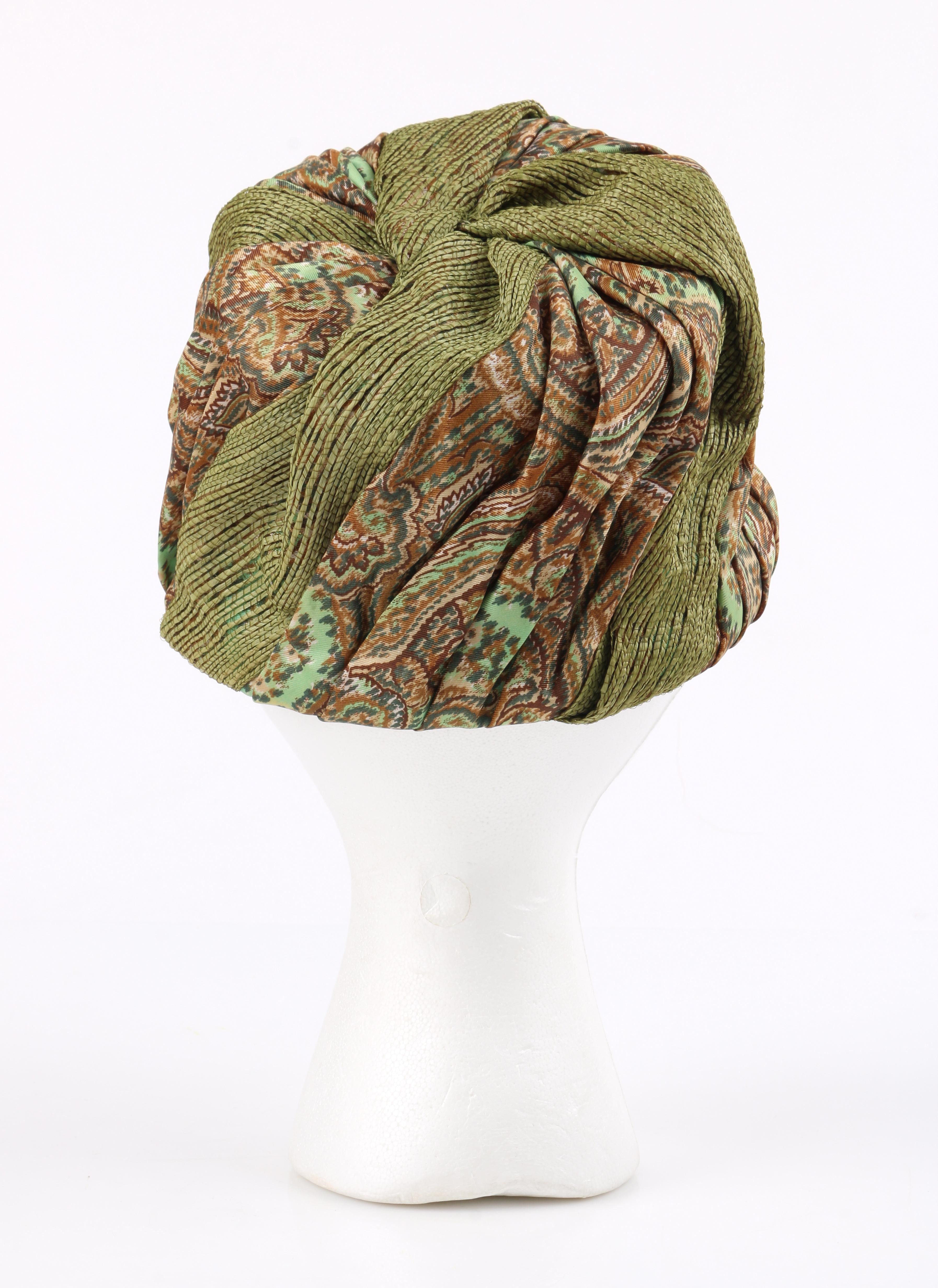 Beige Miss Dior by CHRISTIAN DIOR c.1960s Green Paisley Silk & Straw Pleated Toque Hat