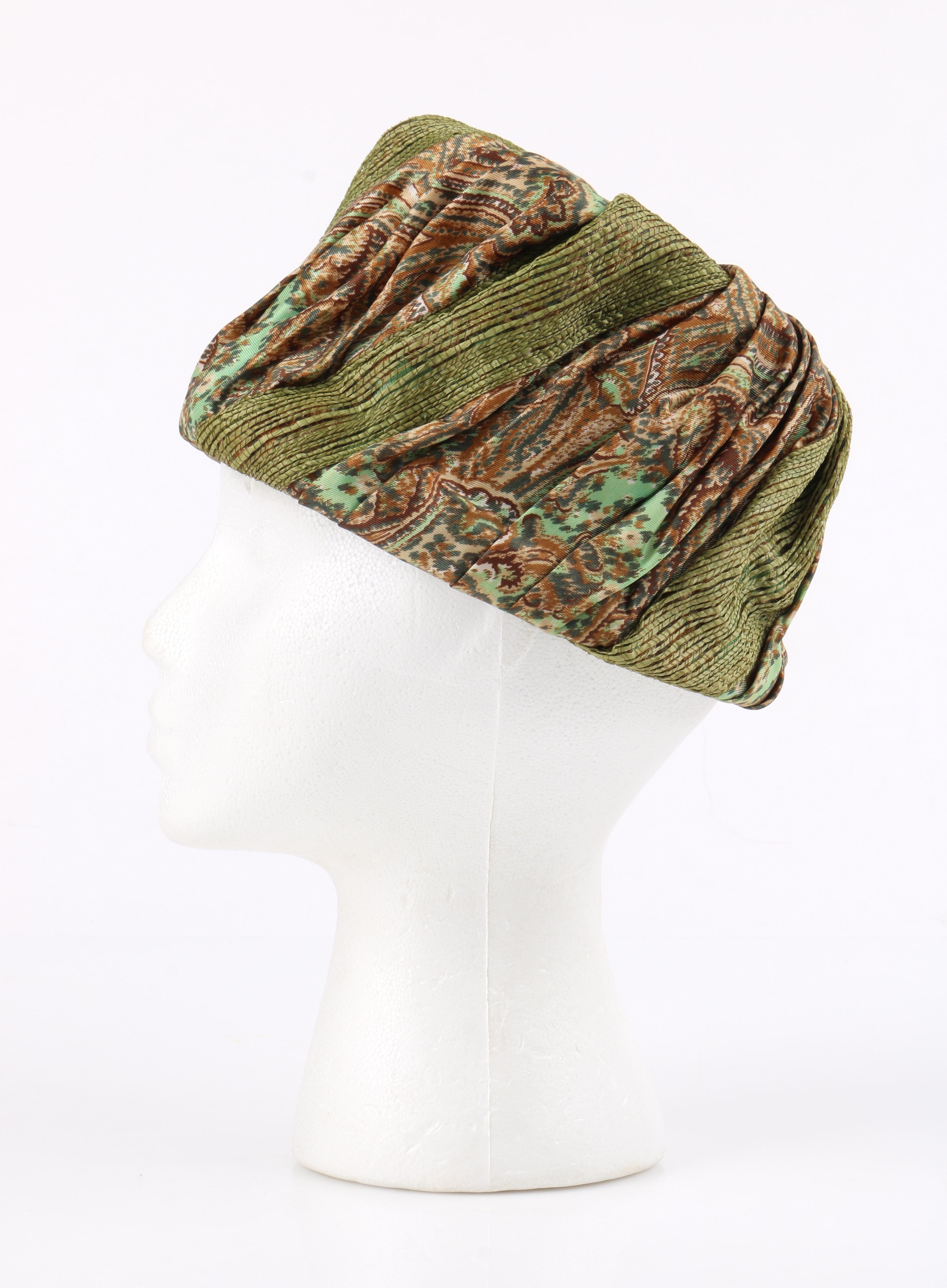 Miss Dior by CHRISTIAN DIOR c.1960s Green Paisley Silk & Straw Pleated Toque Hat In Good Condition In Thiensville, WI
