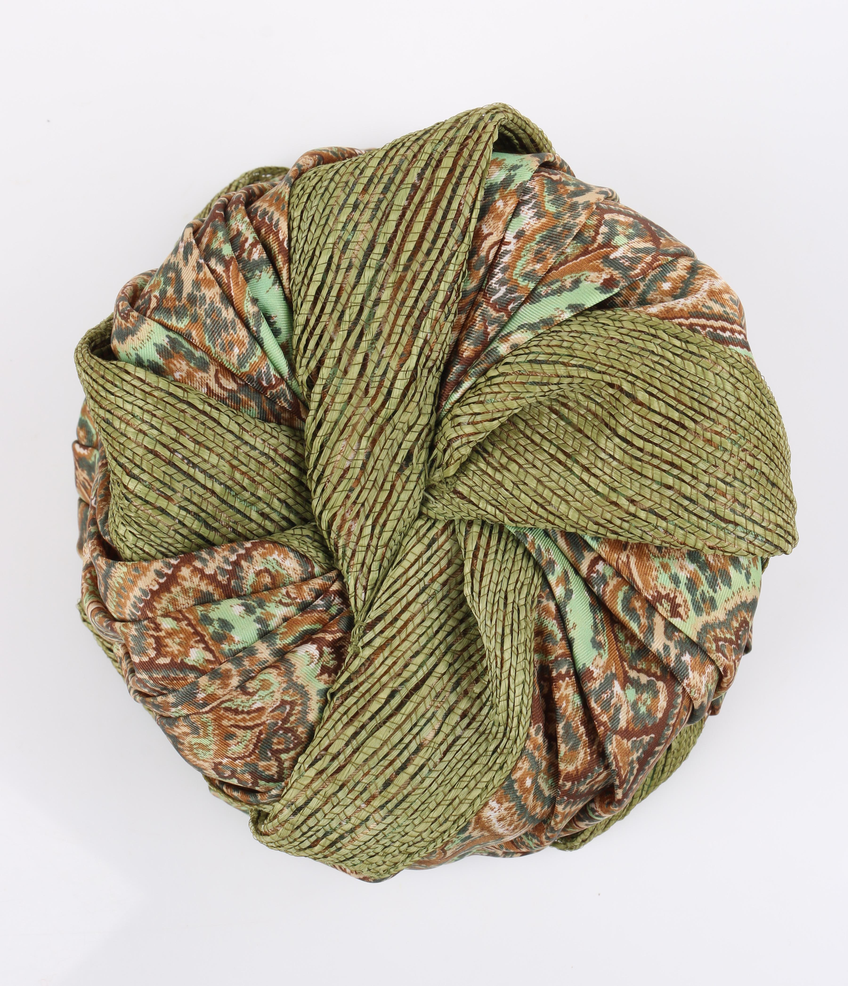 Women's Miss Dior by CHRISTIAN DIOR c.1960s Green Paisley Silk & Straw Pleated Toque Hat