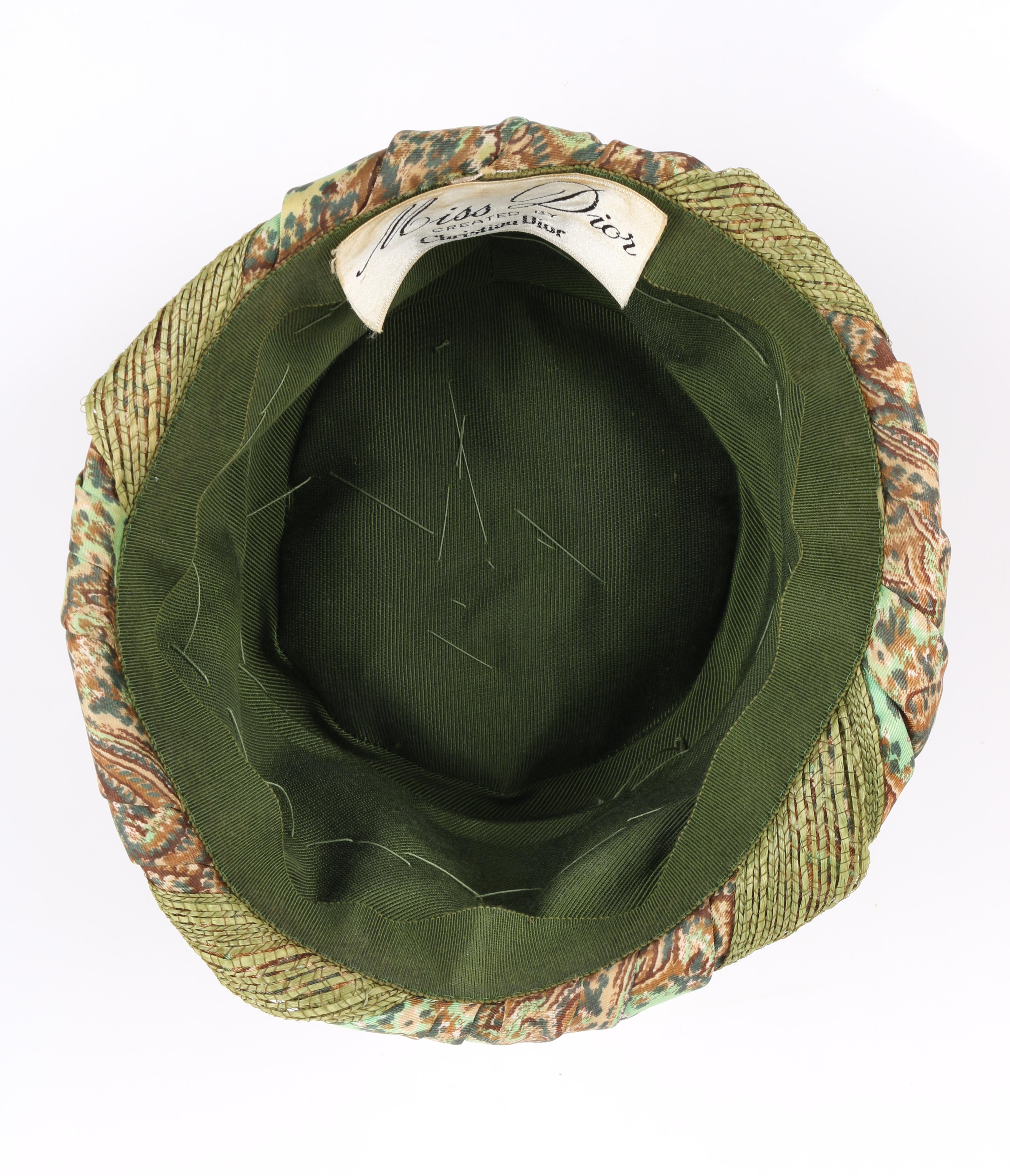 Miss Dior by CHRISTIAN DIOR c.1960s Green Paisley Silk & Straw Pleated Toque Hat 1
