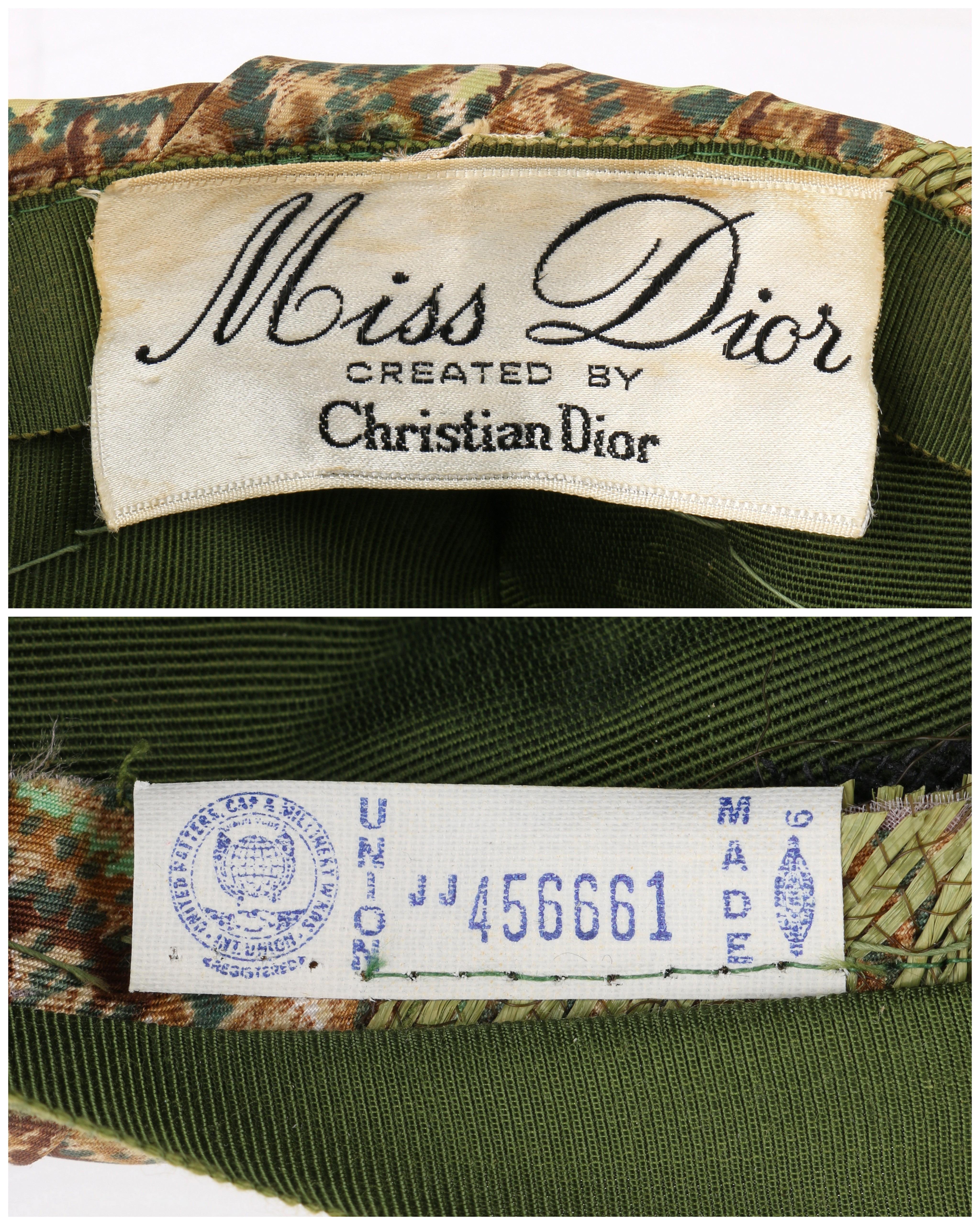 Miss Dior by CHRISTIAN DIOR c.1960s Green Paisley Silk & Straw Pleated Toque Hat 2