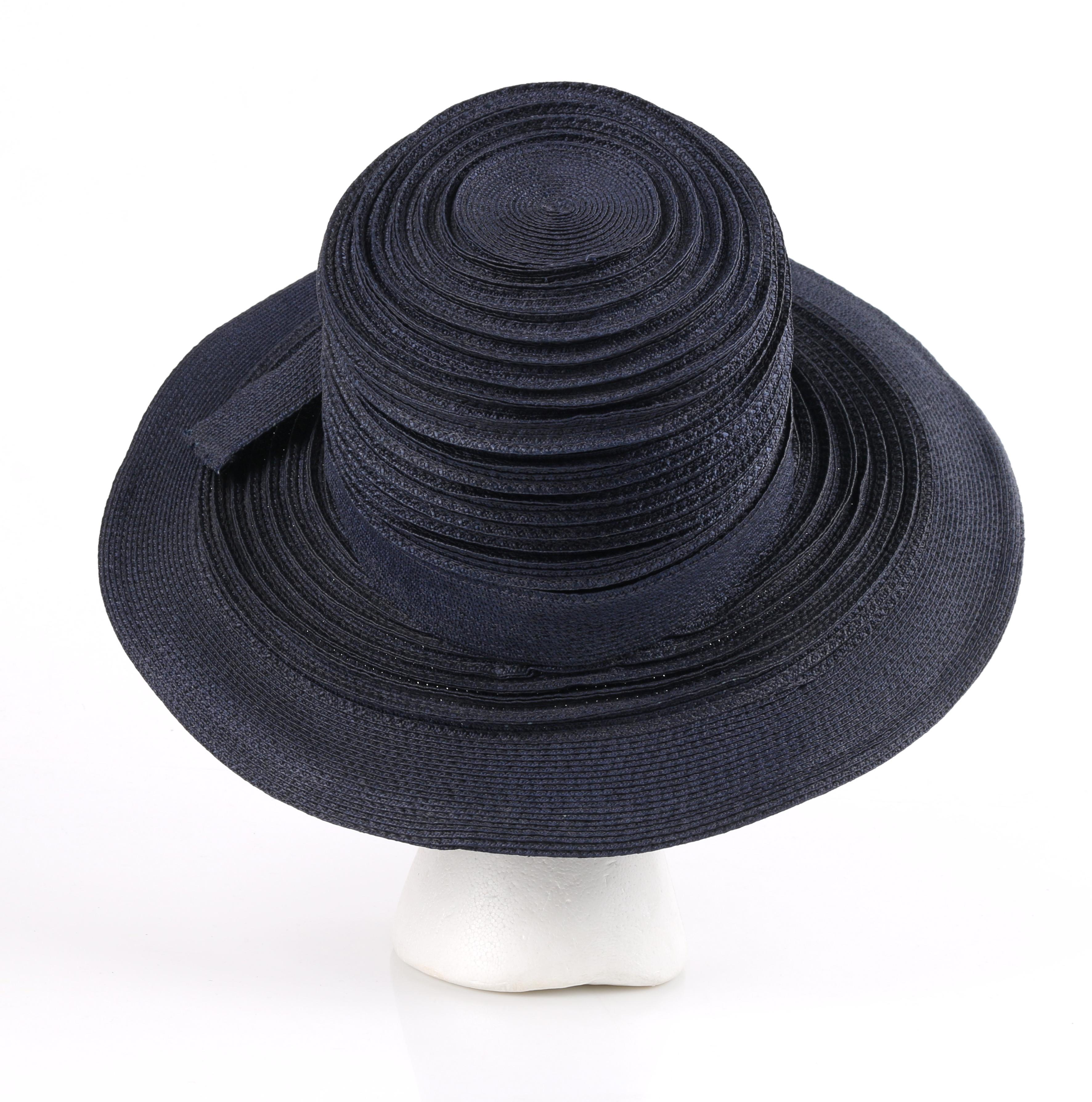 Black CHRISTIAN DIOR Chapeaux c.1960's Navy Blue Raffia Twisted Bow Cartwheel Hat