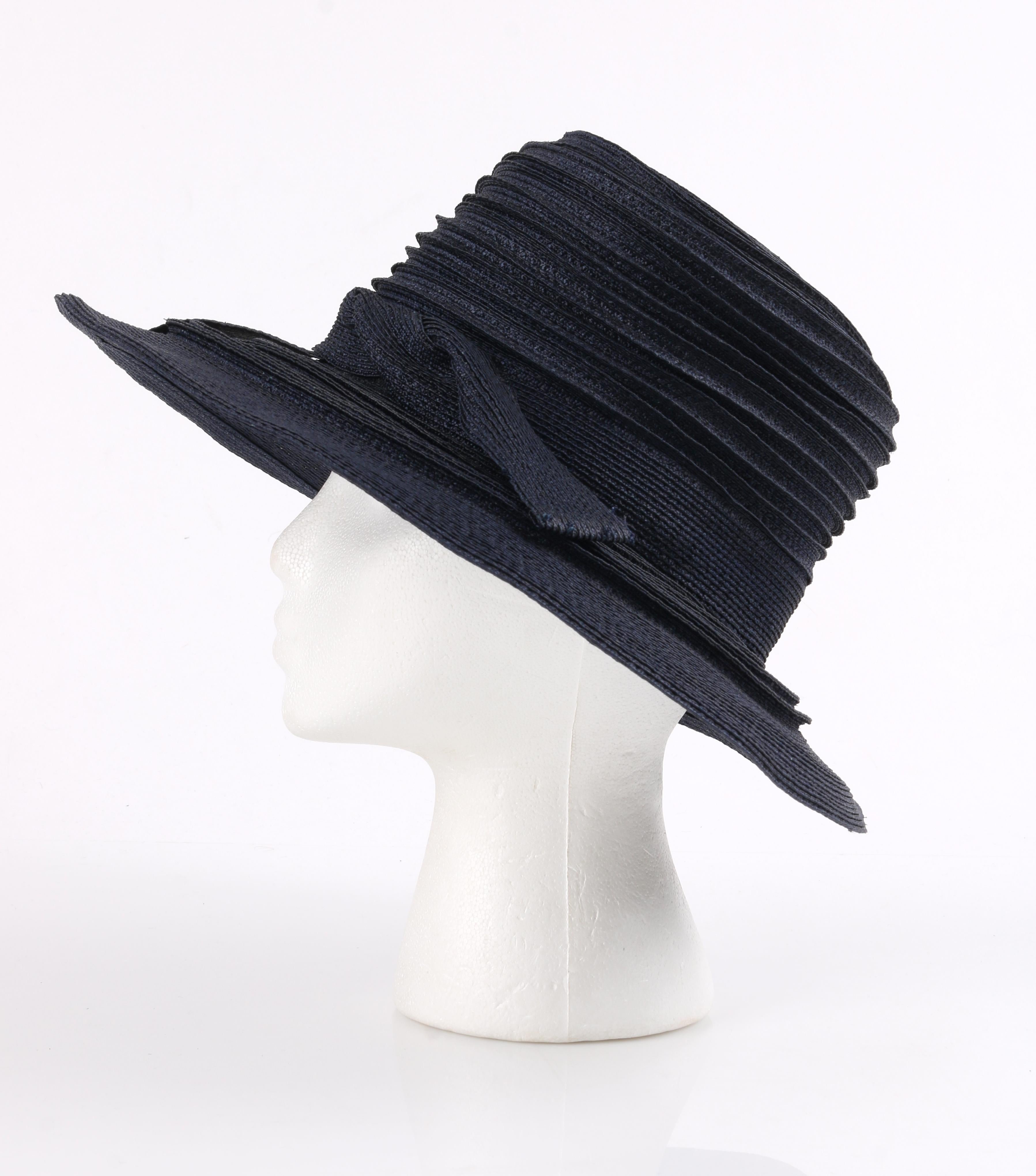 CHRISTIAN DIOR Chapeaux c.1960's Navy Blue Raffia Twisted Bow Cartwheel Hat In Excellent Condition In Thiensville, WI