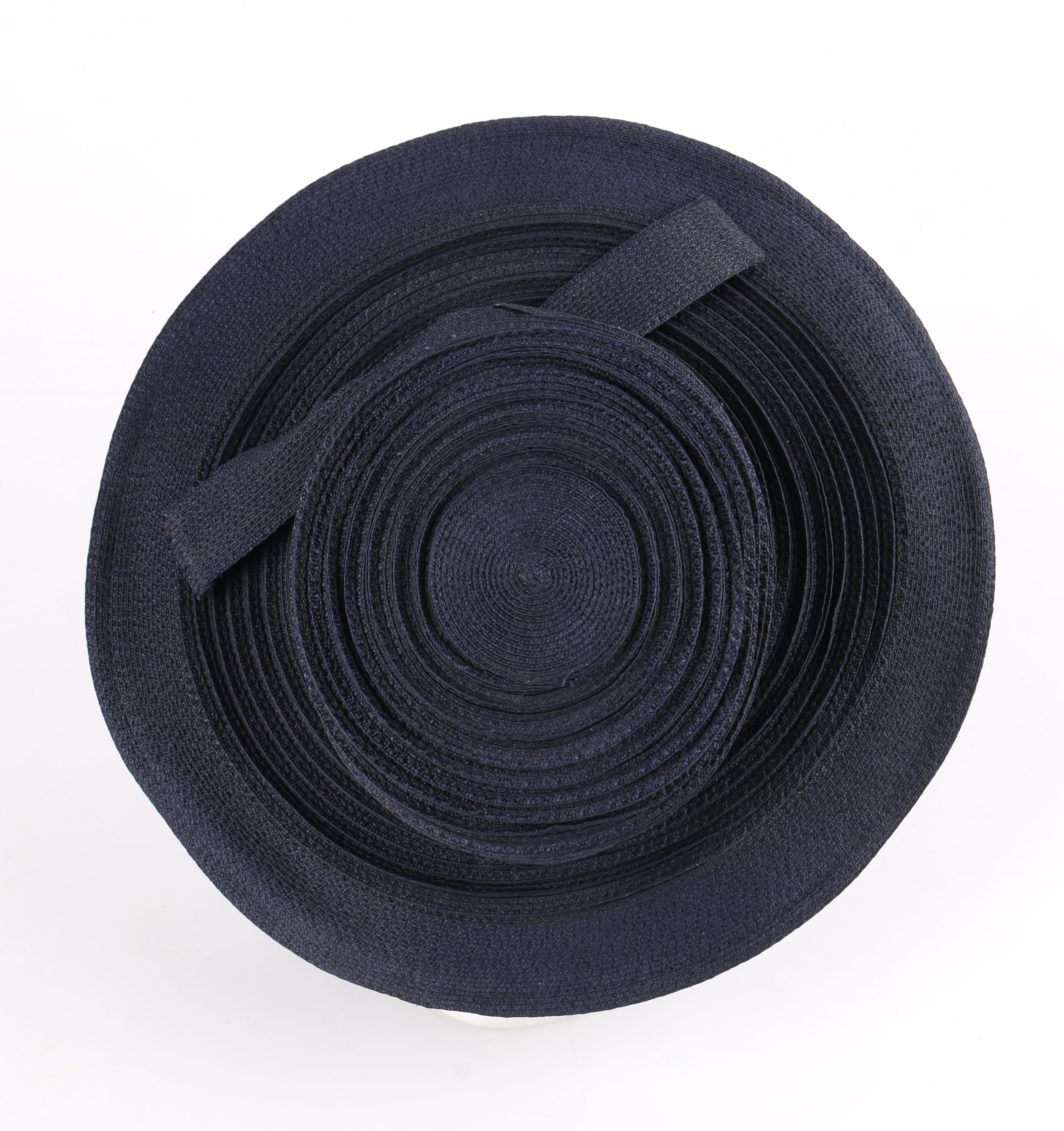 Women's CHRISTIAN DIOR Chapeaux c.1960's Navy Blue Raffia Twisted Bow Cartwheel Hat
