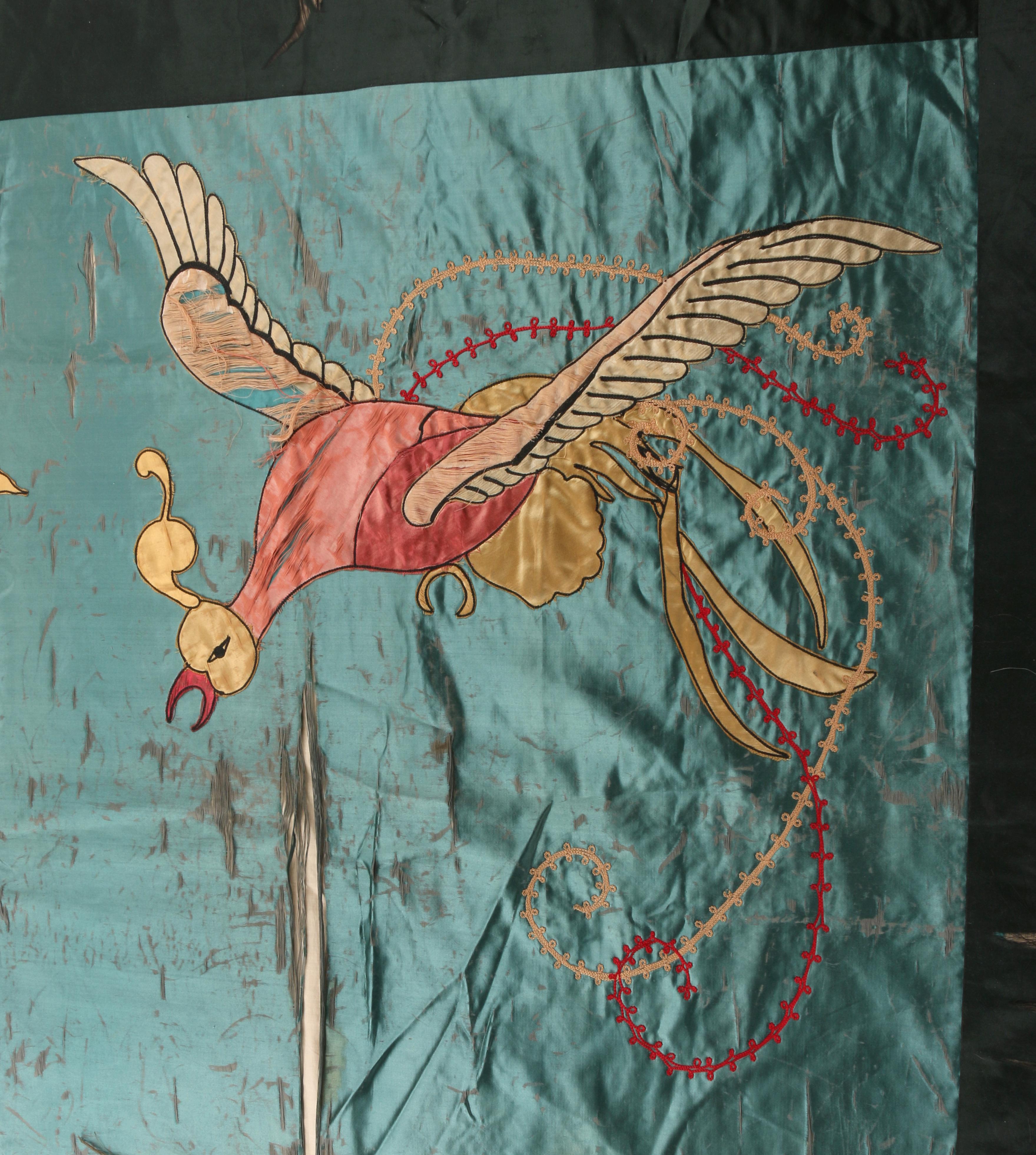 Black Vintage Silk Geisha & Phoenix Bird Hand Embroidered Large Wall Hanging Tapestry 