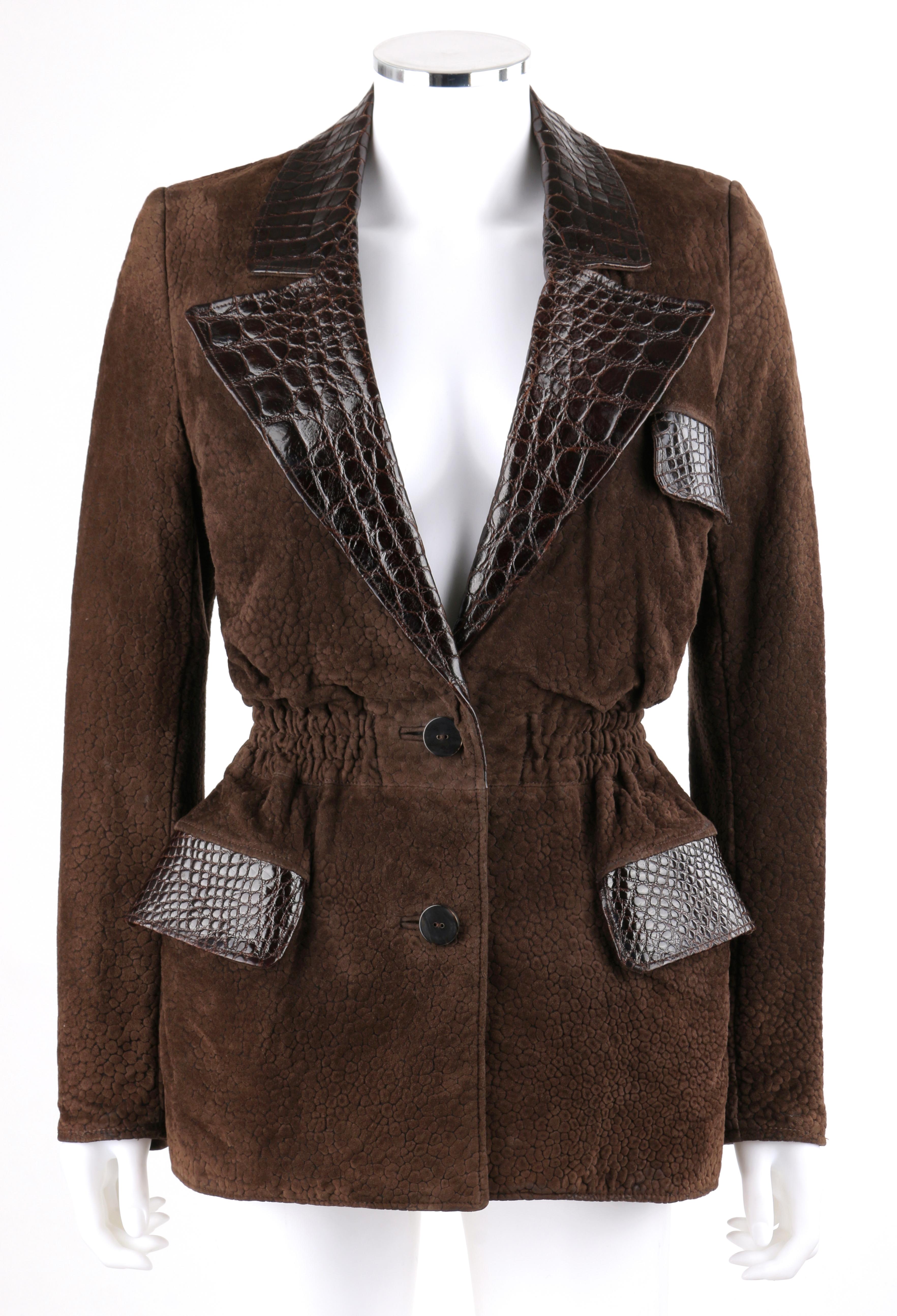DESCRIPTION: VALENTINO Couture c.1980s Brown Crocodile Suede & Leather Cinched Waist Jacket
 
Circa: c.1980’s
Label(s): Valentino Couture; Valentino Pelle
Designer: Valentino Garavani 
Style: Cinched waist jacket
Color(s): Shades of brown
Lined: