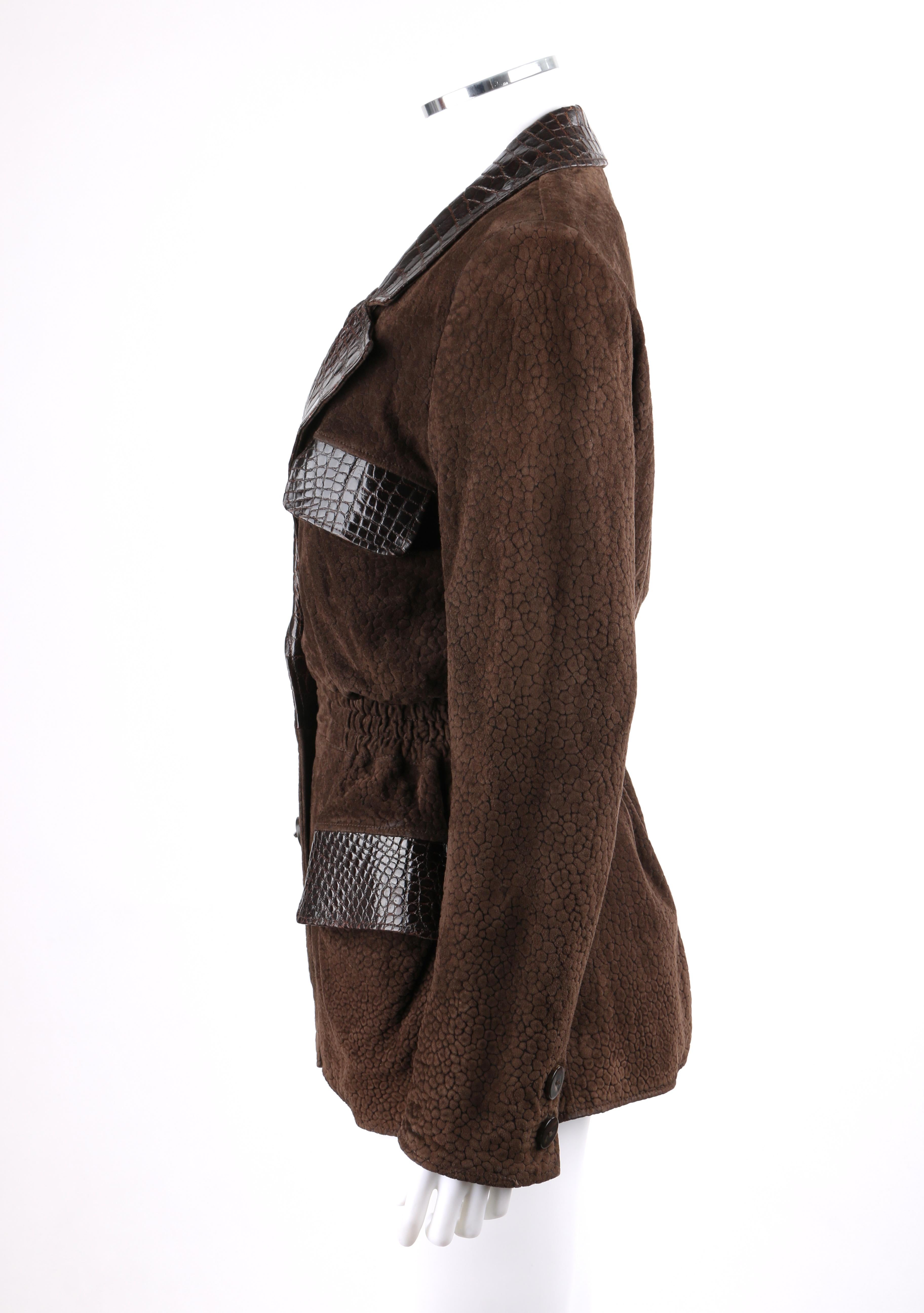 Black VALENTINO Couture c.1980s Brown Crocodile Suede & Leather Cinched Waist Jacket