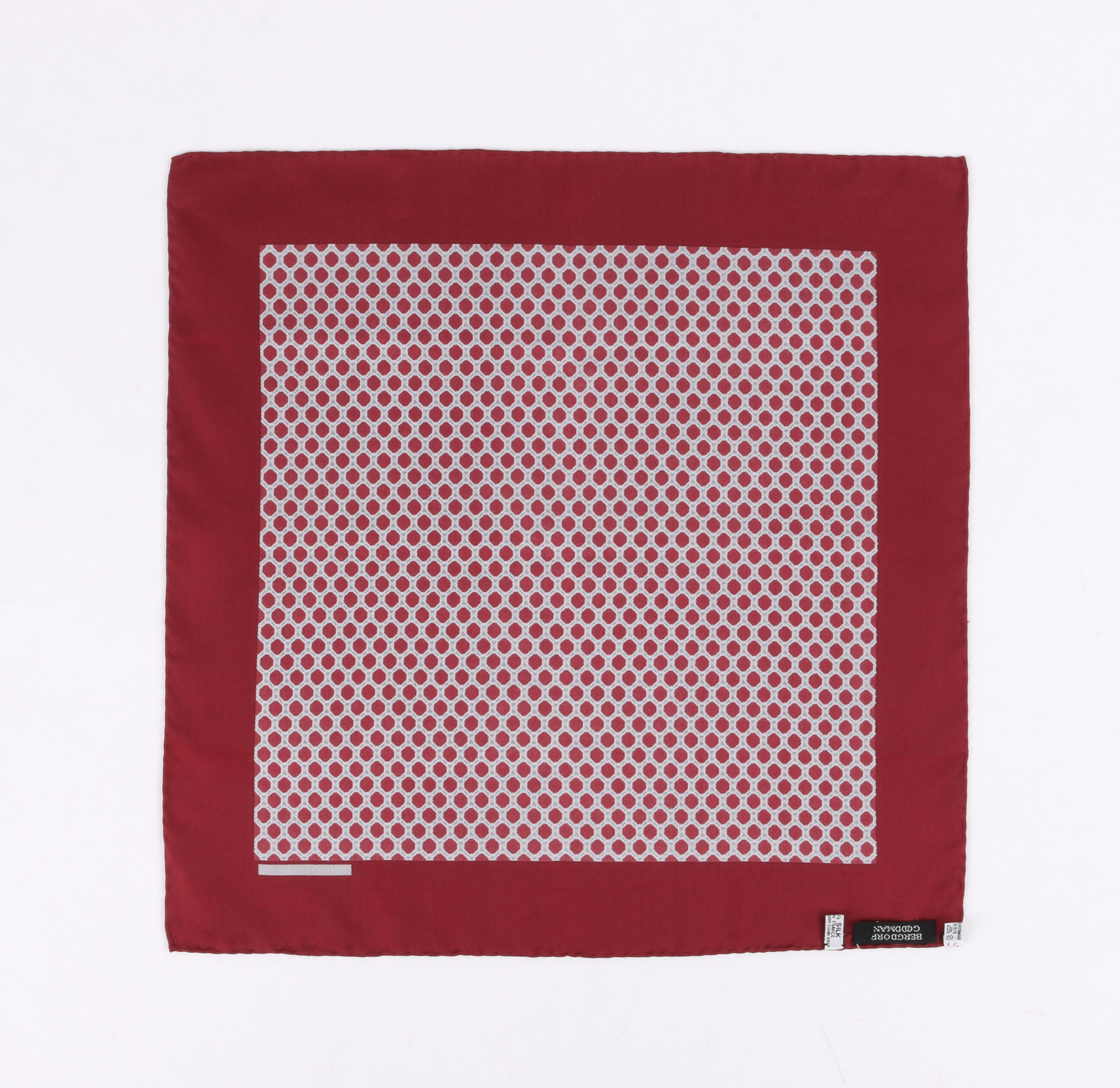 DESCRIPTION: HERMES Burgundy Red Equestrian Belt Print Silk Scarf / Pocket Square
 
Brand / Manufacturer: Hermes
Collection: Bergdorf Goodman
Style: Scarf / Pocket square
Color(s): Multi in shades of burgundy red and gray
Lined: No
Marked Fabric