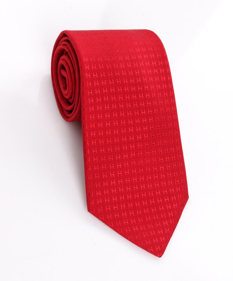 HERMES "Faconnee H" Red Monogram H Logo 5 Fold Silk Necktie Tie at