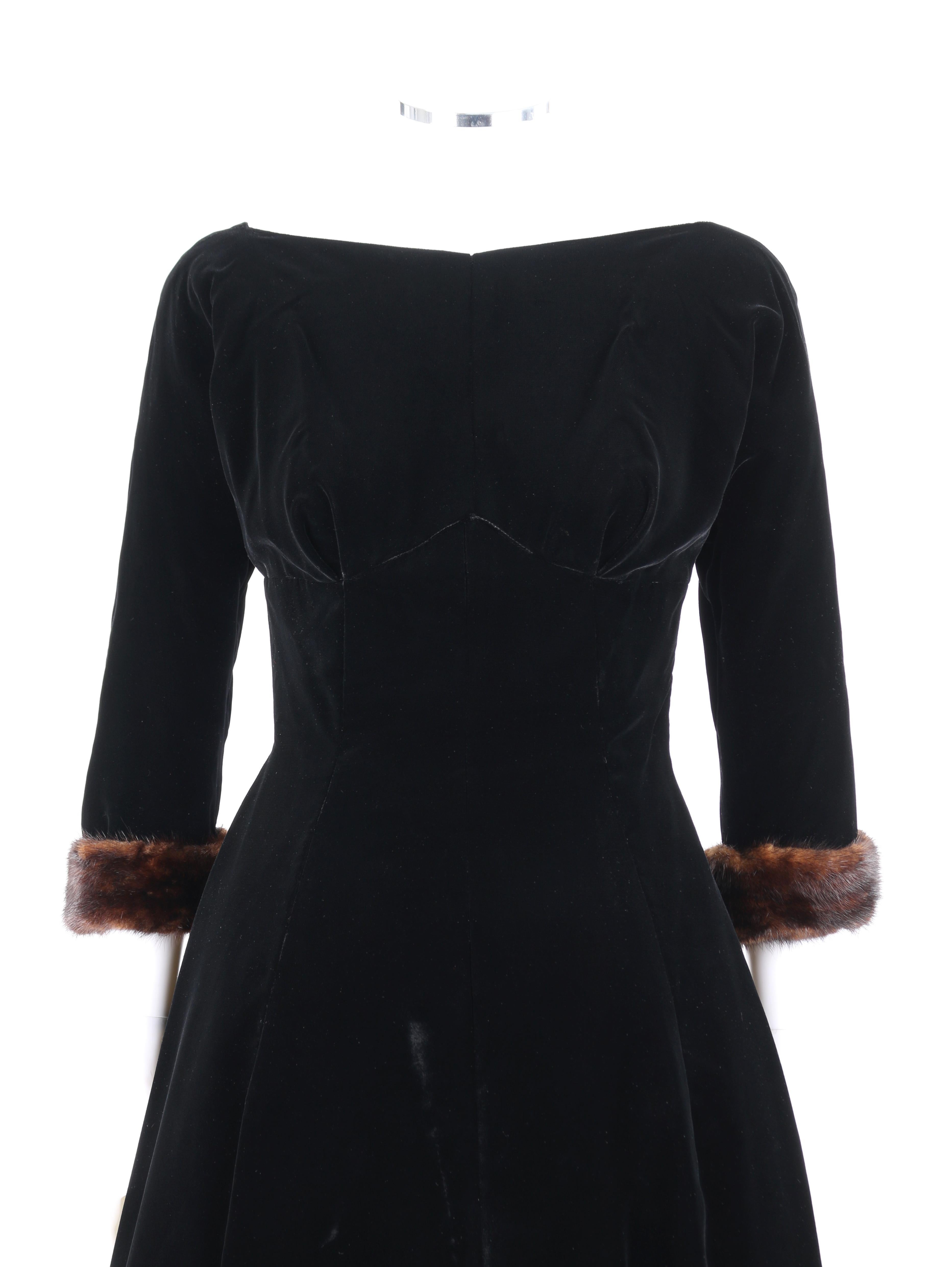 DESCRIPTION: Young Modes CLAUDIA YOUNG c.1950's Black Velvet Mink Fur Cuff Cocktail Dress
 
Circa: c.1950’s
Label(s): Young Modes by Claudia Young
Designer: Claudia Young
Style: Cocktail dress
Color(s): Black
Lined: Partially
Marked Fabric Content: