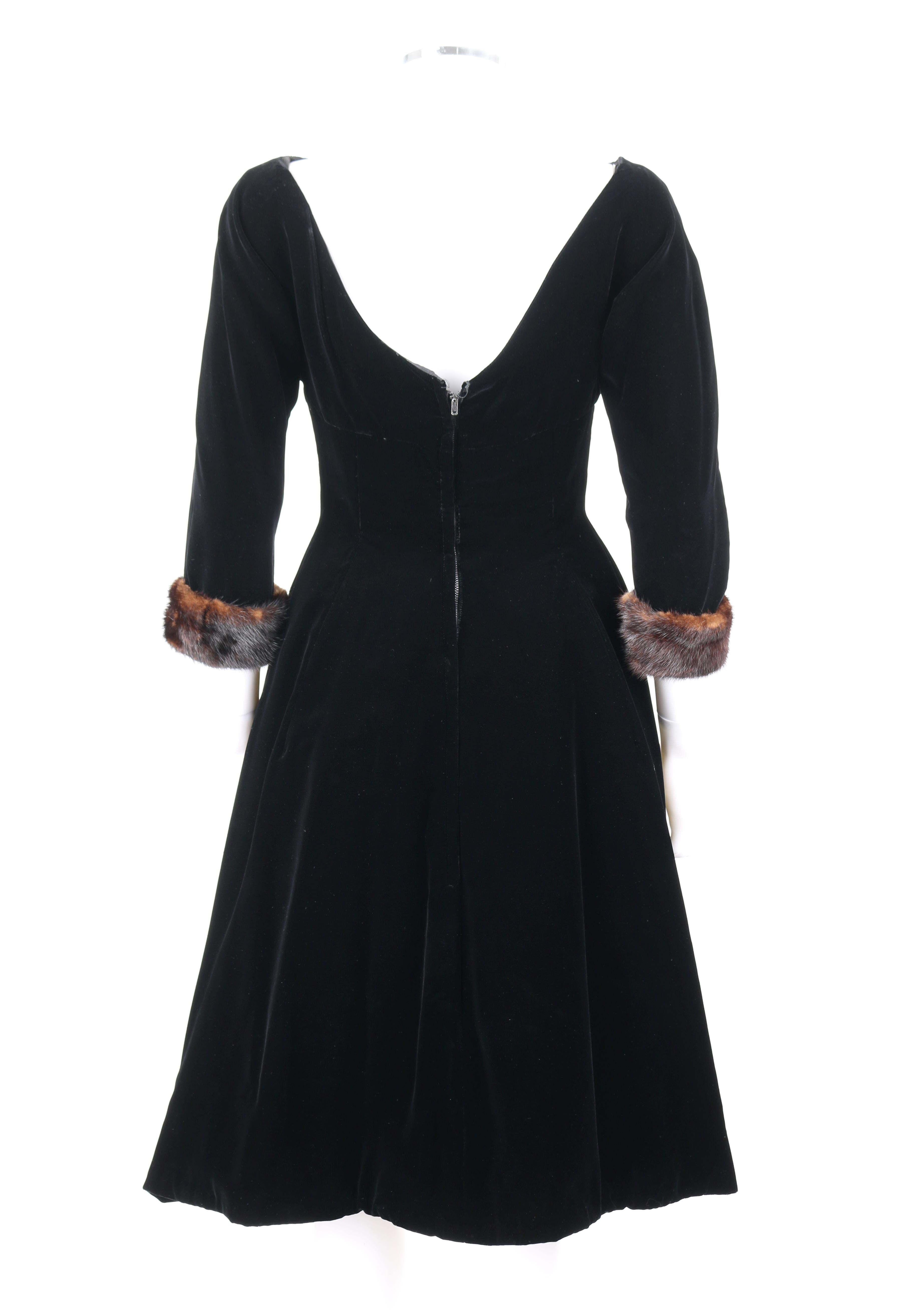 Young Modes CLAUDIA YOUNG c.1950's Black Velvet Mink Fur Cuff Cocktail Dress 1