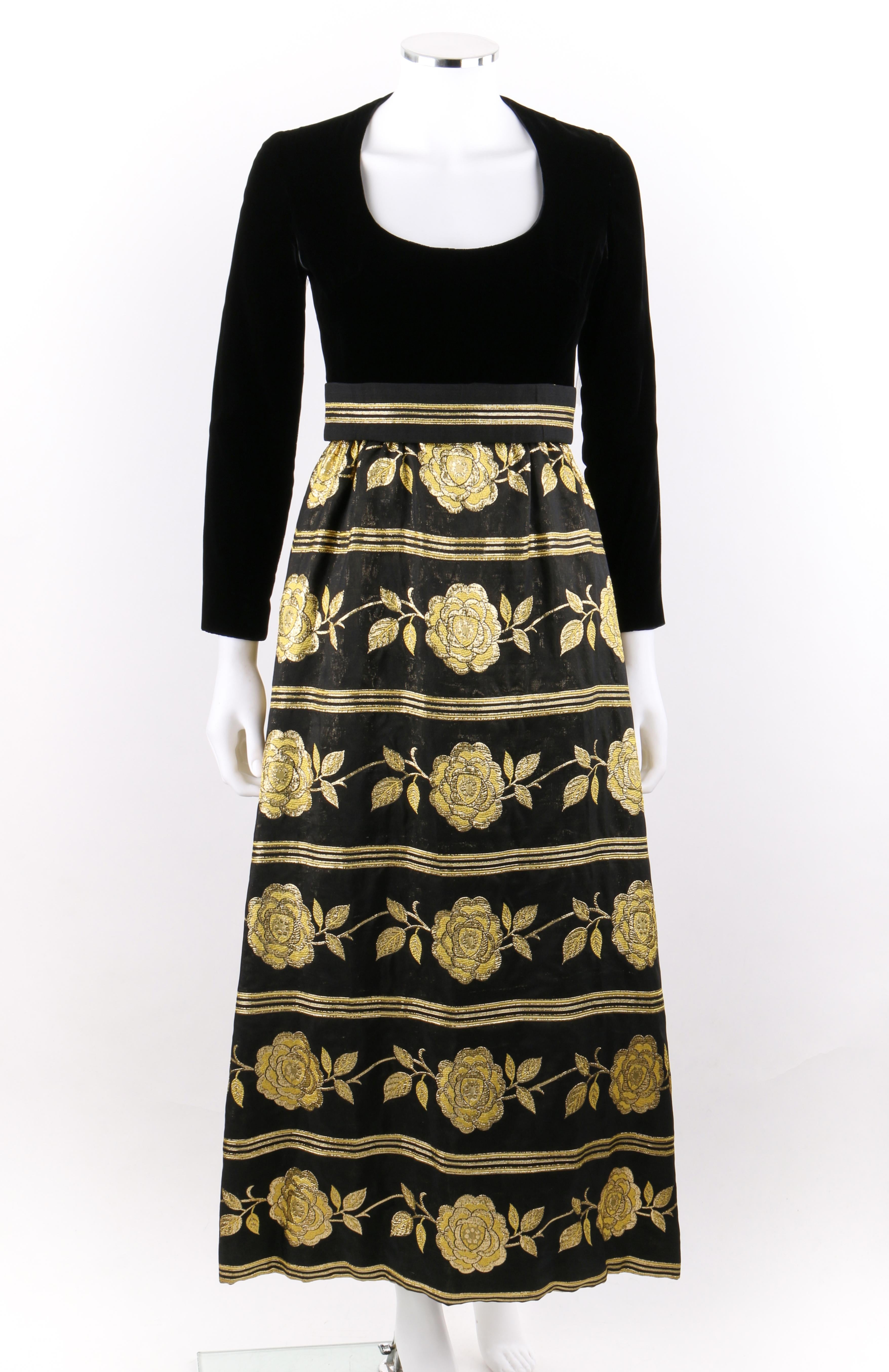 DESCRIPTION: c.1960's Black Velvet Metallic Gold Floral Rose Brocade Maxi Evening Dress
 
Circa: c.1960’s
Label(s): Union Label
Style: Maxi dress
Color(s): Black and shades of gold
Lined: Partially
Unmarked Fabric Content (feel of): Rayon;