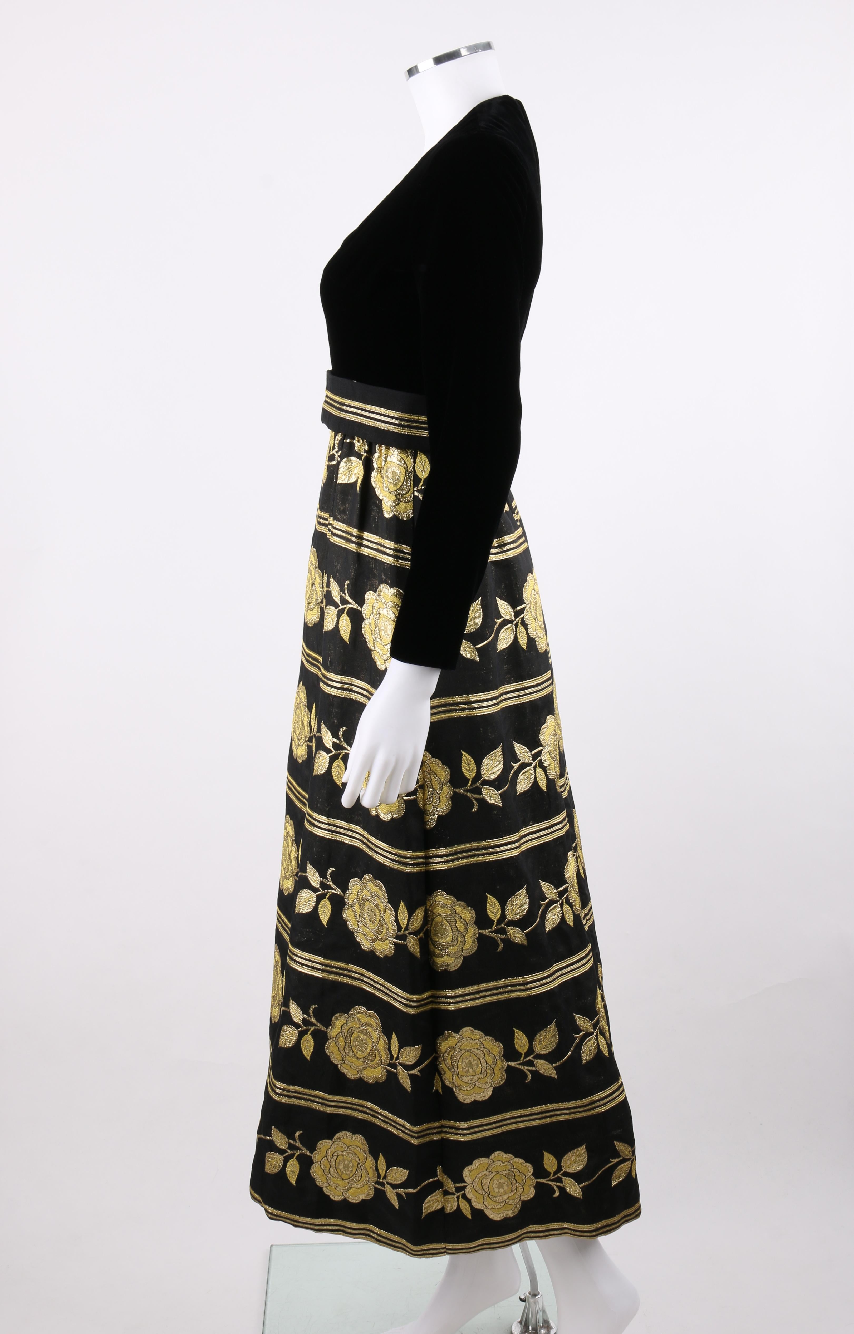 c.1960's Black Velvet Metallic Gold Floral Rose Brocade Maxi Evening Dress In Good Condition In Thiensville, WI