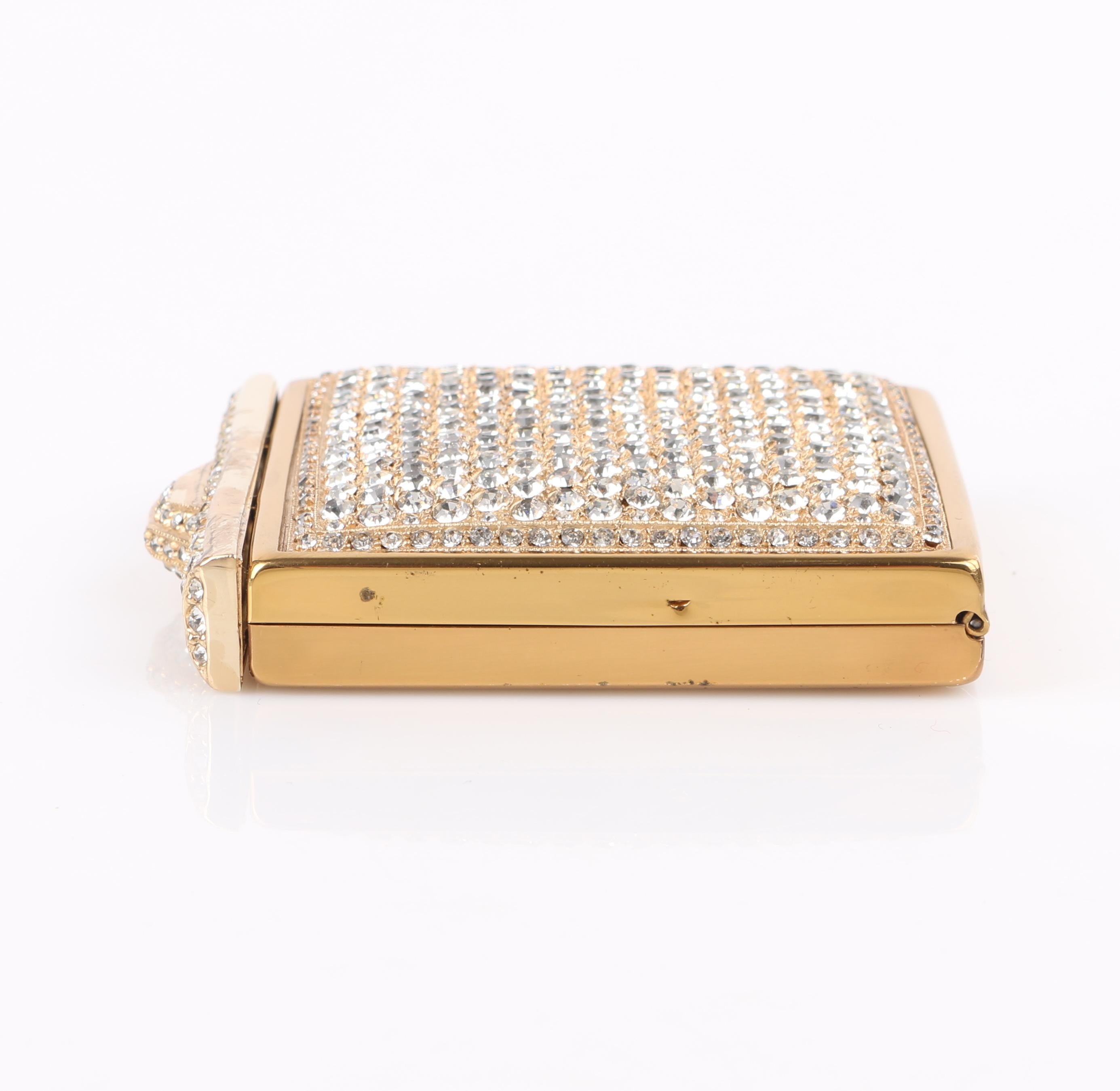 c.1930's Crystal Rhinestone Embellished Brass Square Mirror Compact 1