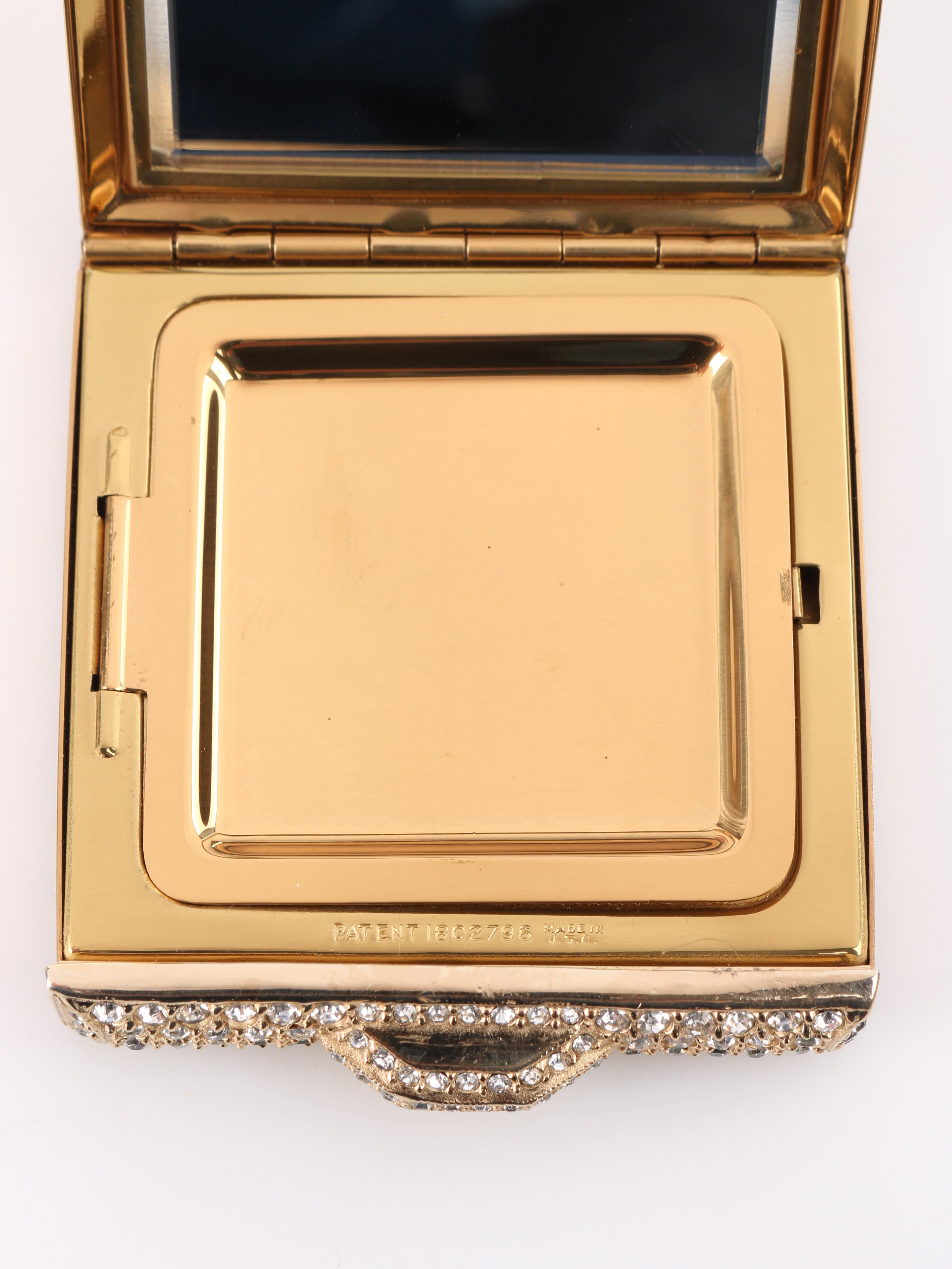 c.1930's Crystal Rhinestone Embellished Brass Square Mirror Compact 4