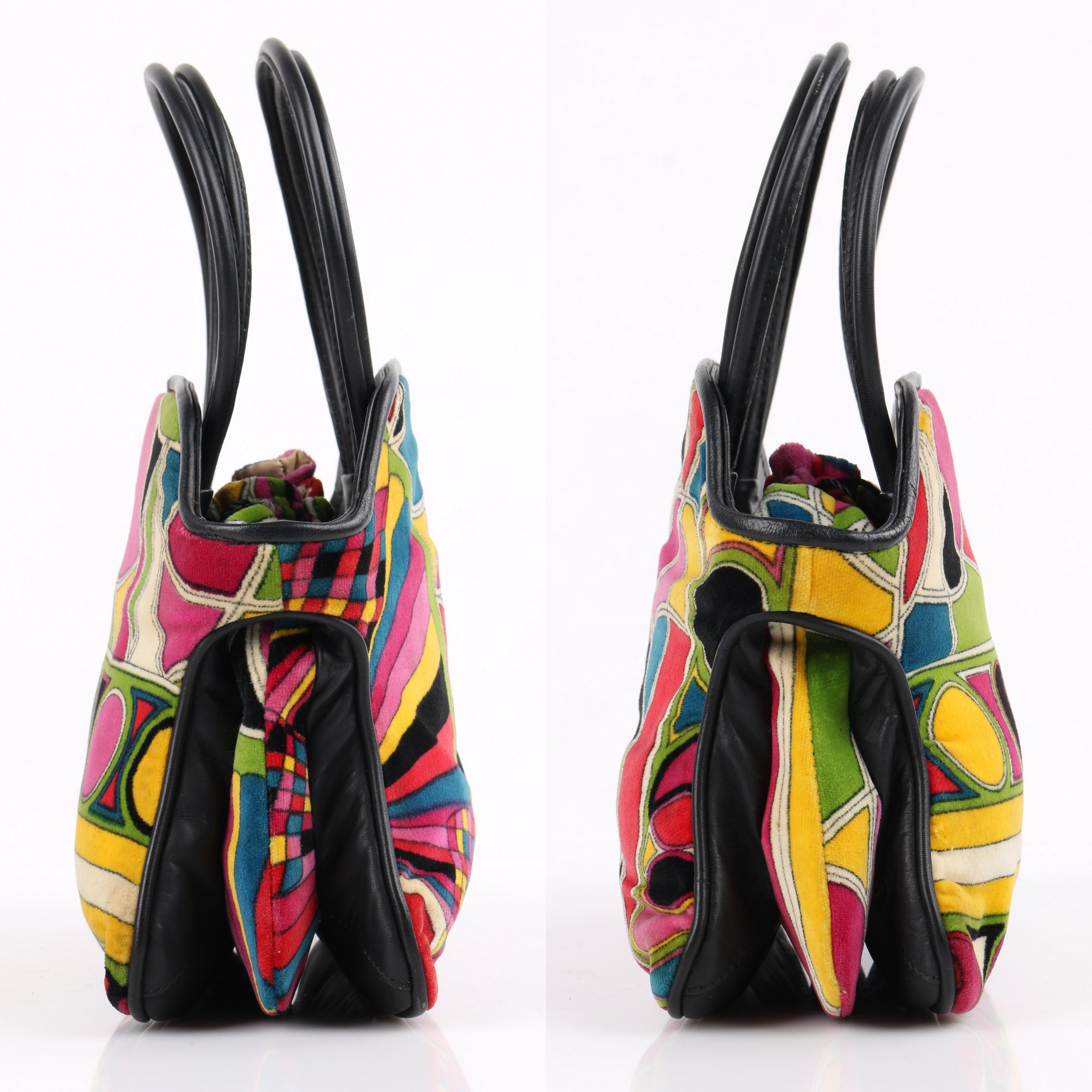 EMILIO PUCCI c.1960's Stained Glass Signature Print Velvet Top Handle Purse In Good Condition In Thiensville, WI
