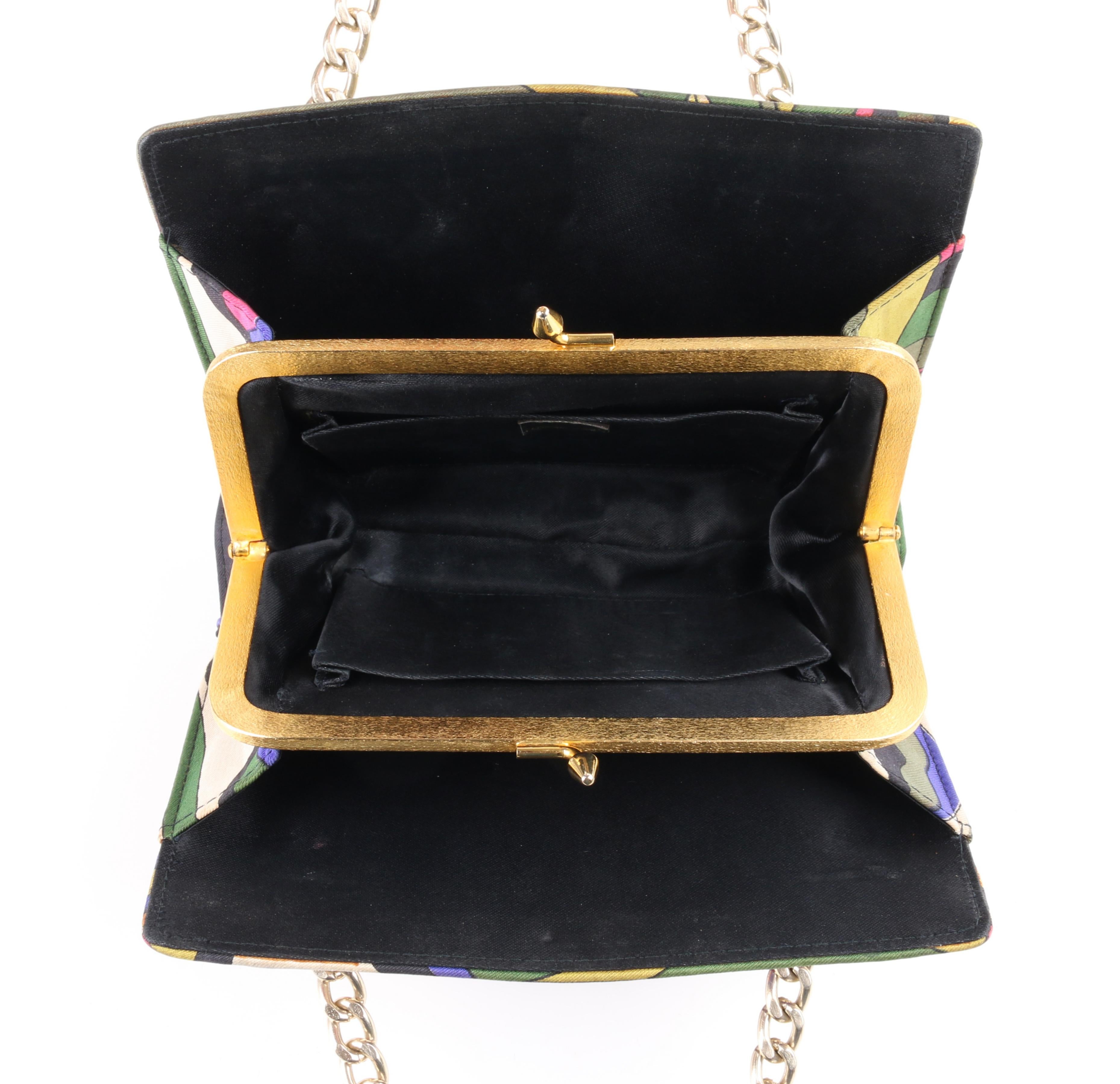 EMILIO PUCCI c.1960's Signature Abstract Print Silk Chain Handle Kiss Lock Purse In Good Condition In Thiensville, WI
