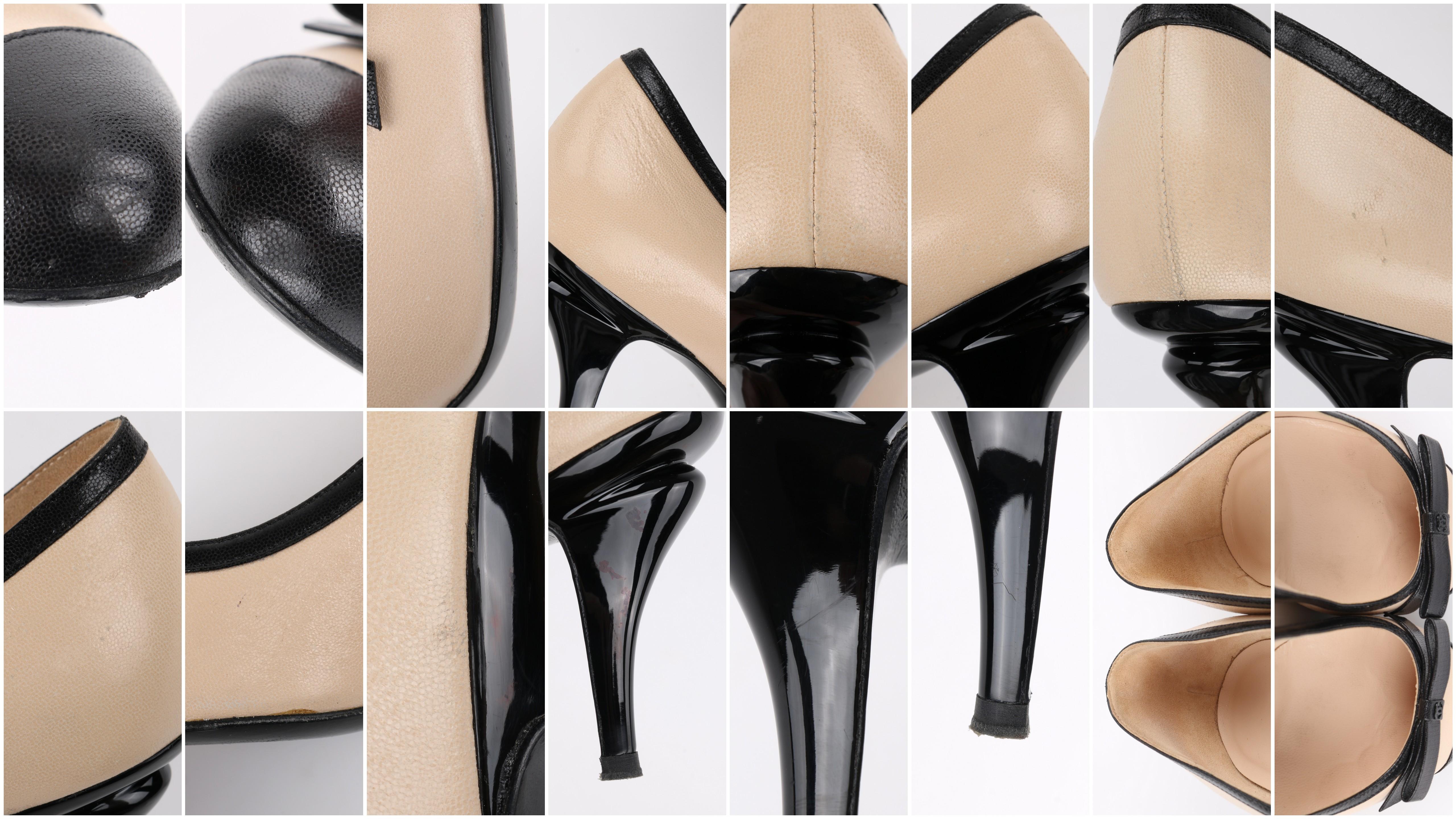 CHANEL Nude & Black Leather Classic Bow Cap Toe Sculptural Heel Pumps 2
