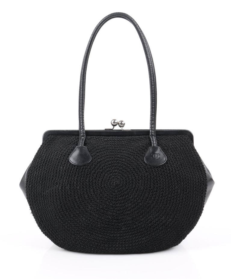 CHANEL c.1990's Black Woven Leather Kiss Lock Shoulder Bag Purse at 1stDibs