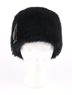 YVES SAINT LAURENT c.1960's YSL Black Angora Fur Leather Bow Cossack Hat