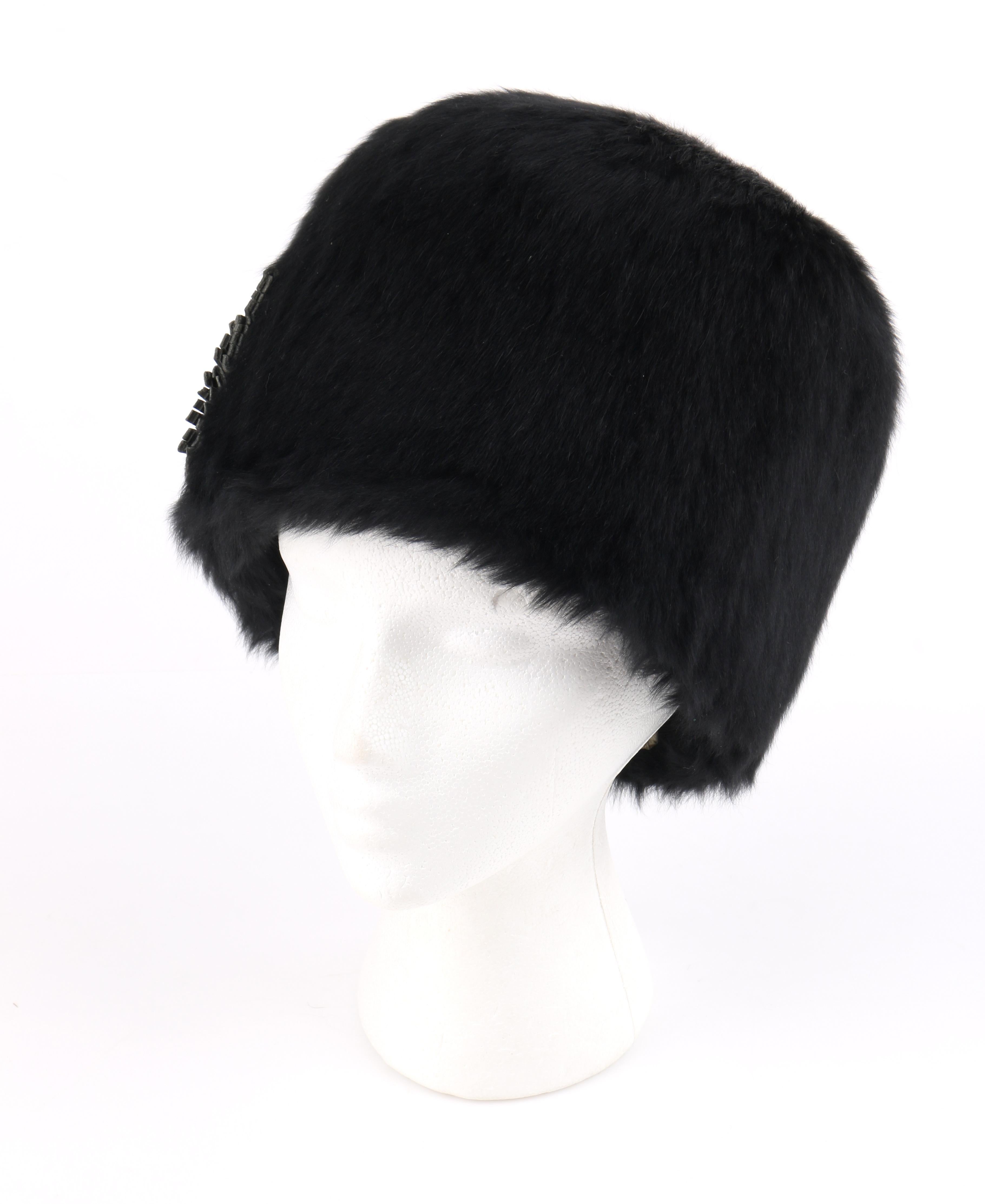 YVES SAINT LAURENT c.1960's YSL Black Angora Fur Leather Bow Cossack Hat (Schwarz)